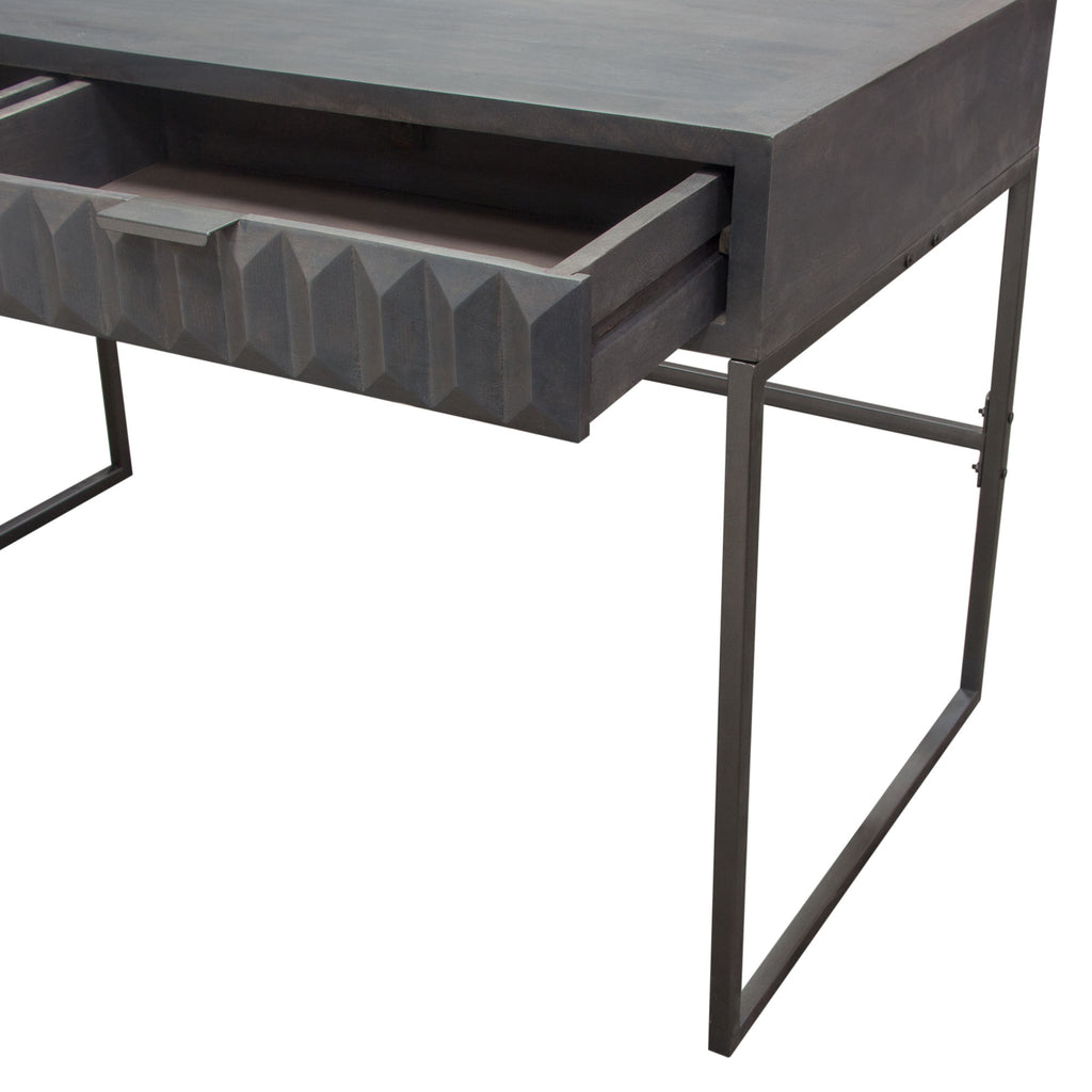 Spectrum 2-Drawer Solid Mango Wood Desk in Smoke Grey Finish w/ Gun Metal Finished Legs by Diamond Sofa - styled in a staged room by Center Stage Home Design