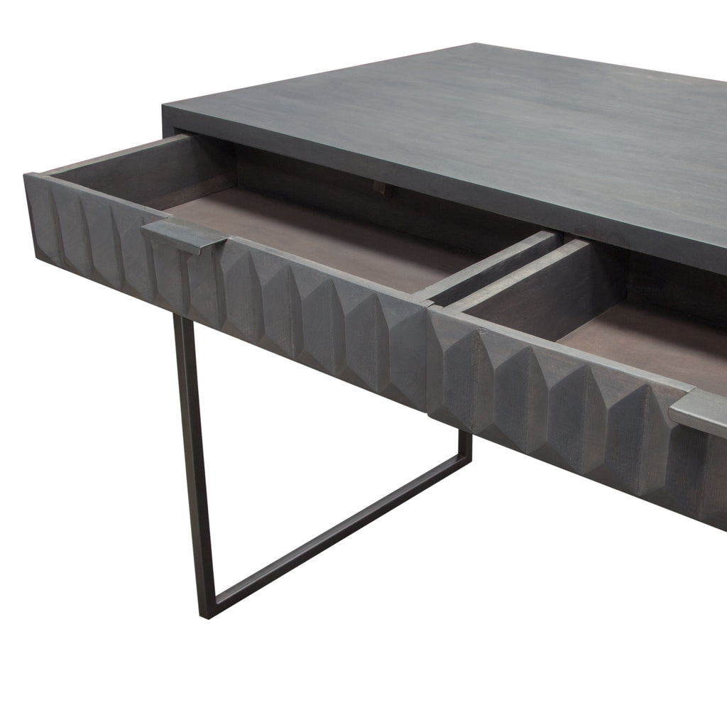 Spectrum 2-Drawer Solid Mango Wood Desk in Smoke Grey Finish w/ Gun Metal Finished Legs by Diamond Sofa - styled in a staged room by Center Stage Home Design