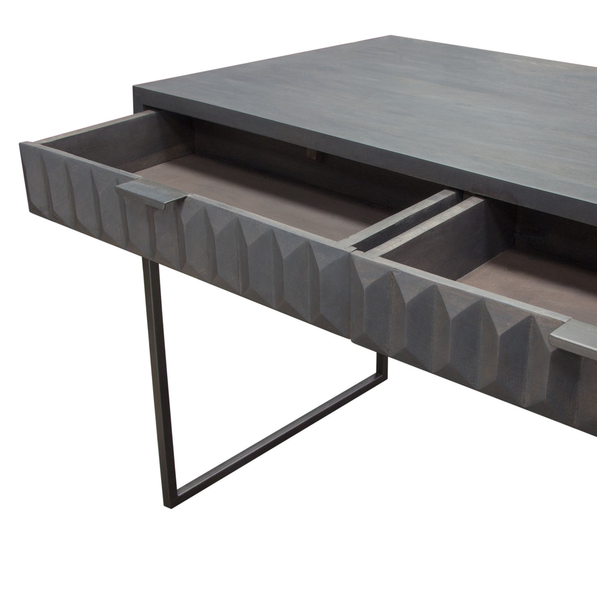 Spectrum 2-Drawer Solid Mango Wood Desk in Smoke Grey Finish w/ Gun Metal Finished Legs by Diamond Sofa - styled in a staged room by Center Stage Home Design