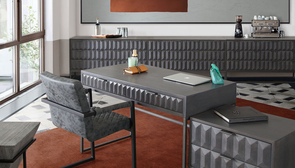Spectrum 2-Drawer Solid Mango Wood Desk in Smoke Grey Finish w/ Gun Metal Finished Legs by Diamond Sofa - styled in a staged room by Center Stage Home Design