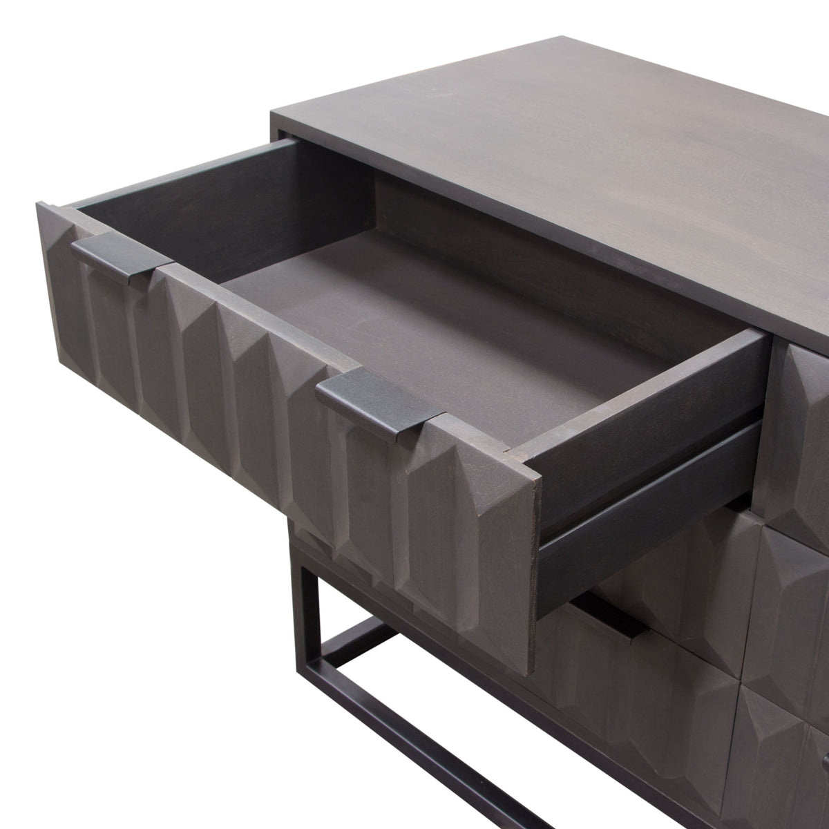 Spectrum 6-Drawer Solid Mango Wood Dresser in Smoke Grey Finish w/ Gun Metal Finished Legs by Diamond Sofa - styled in a staged room by Center Stage Home Design