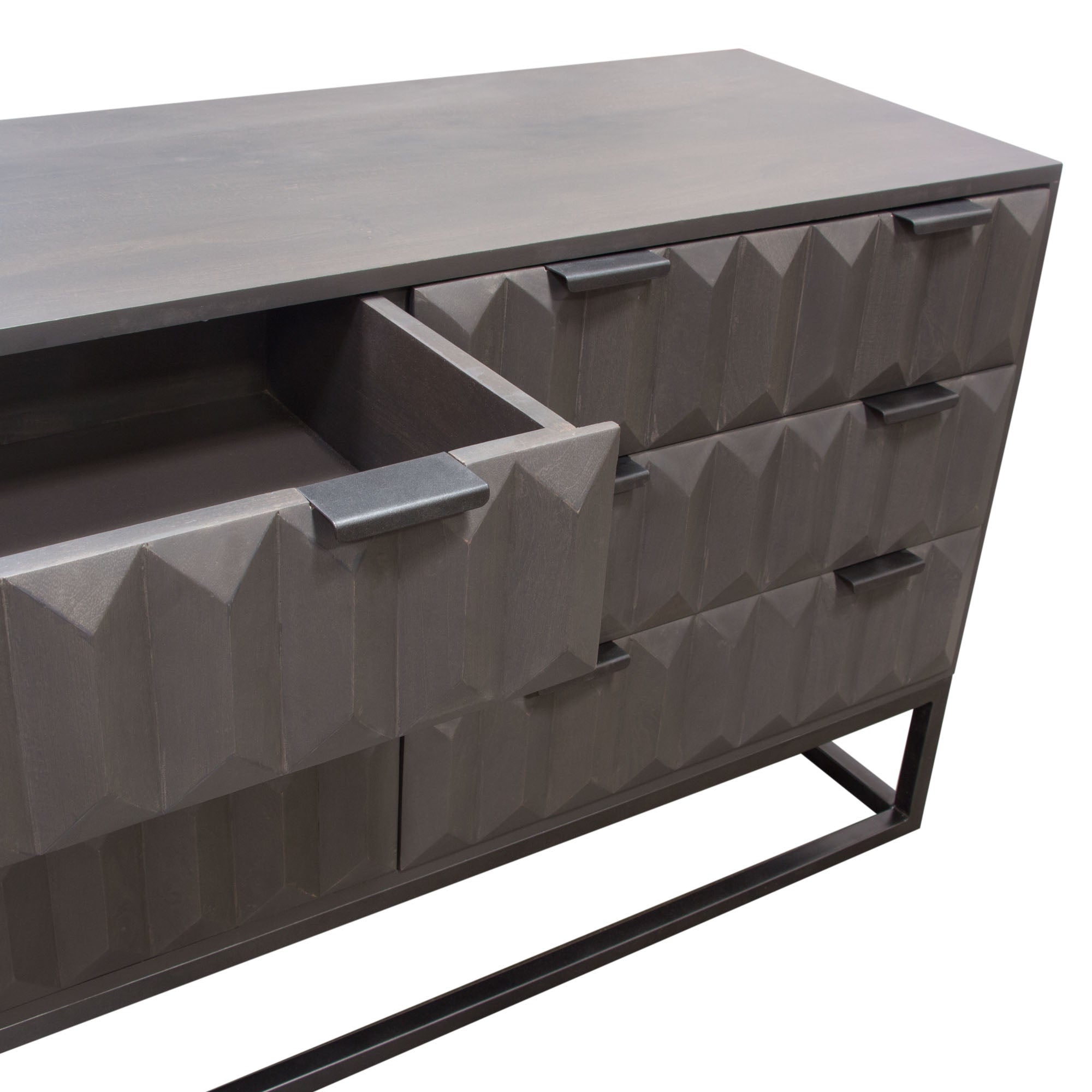 Spectrum 6-Drawer Solid Mango Wood Dresser in Smoke Grey Finish w/ Gun Metal Finished Legs by Diamond Sofa - styled in a staged room by Center Stage Home Design