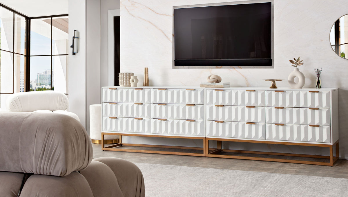 Spectrum 6-Drawer Solid Mango Wood Dresser in White Finish w/ Gold Finished Iron Legs by Diamond Sofa - styled in a staged room by Center Stage Home Design