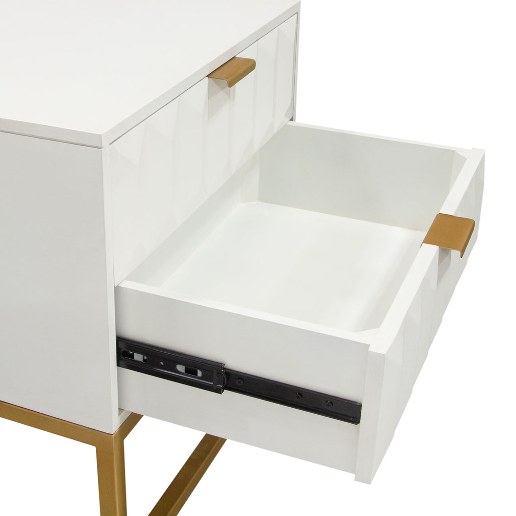 Spectrum 2-Drawer Solid Mango Wood Accent Table in White Finish w/ Gold Finished Iron Legs by Diamond Sofa - styled in a staged room by Center Stage Home Design