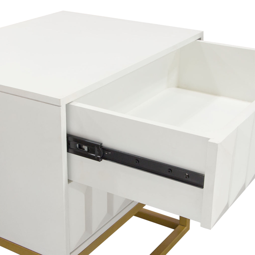 Spectrum 2-Drawer Solid Mango Wood Accent Table in White Finish w/ Gold Finished Iron Legs by Diamond Sofa - styled in a staged room by Center Stage Home Design