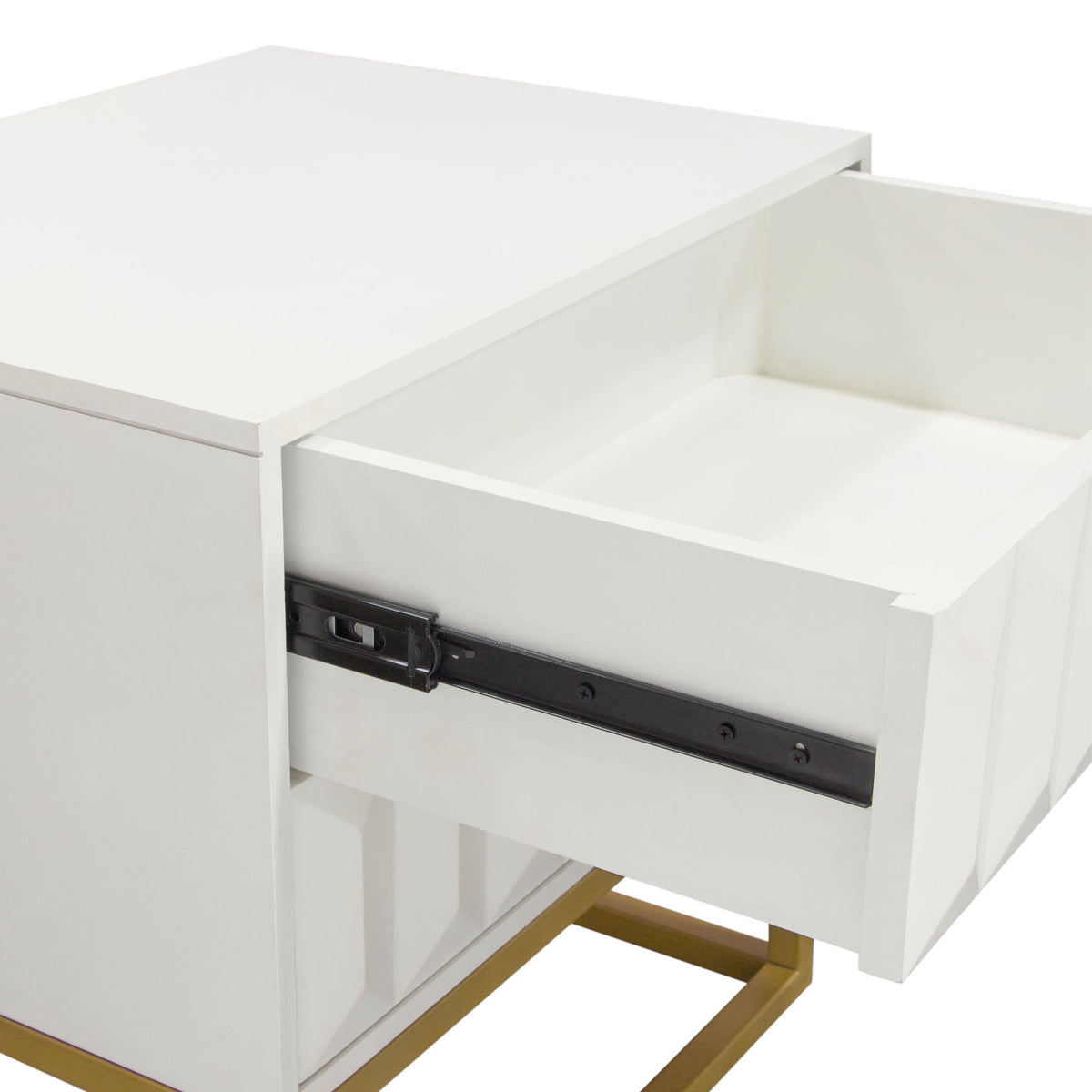 Spectrum 2-Drawer Solid Mango Wood Accent Table in White Finish w/ Gold Finished Iron Legs by Diamond Sofa - styled in a staged room by Center Stage Home Design