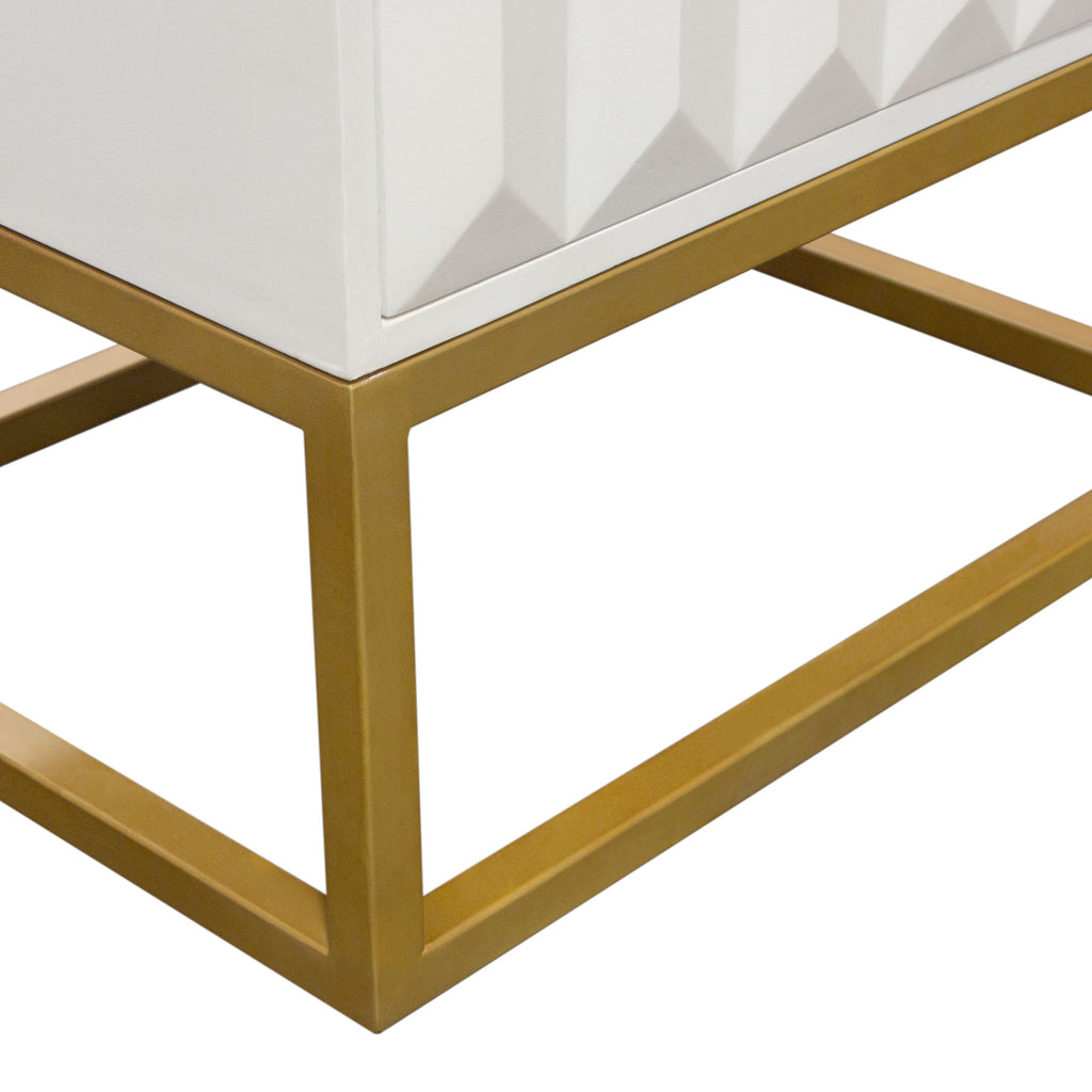 Spectrum 2-Drawer Solid Mango Wood Accent Table in White Finish w/ Gold Finished Iron Legs by Diamond Sofa - styled in a staged room by Center Stage Home Design
