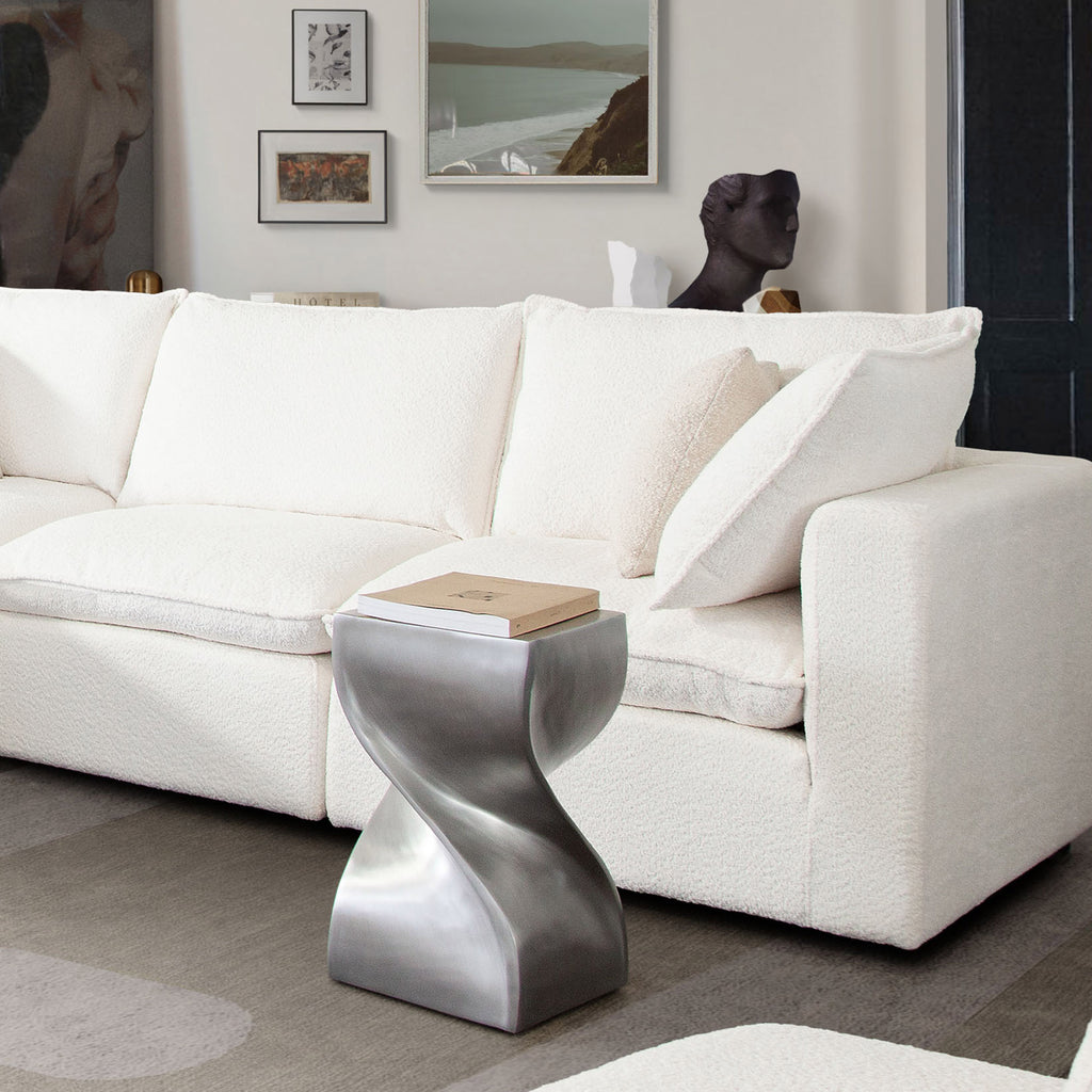 Spire Square Accent Table in Casted Aluminum in Nickel Finish by Diamond Sofa - styled in a staged room by Center Stage Home Design
