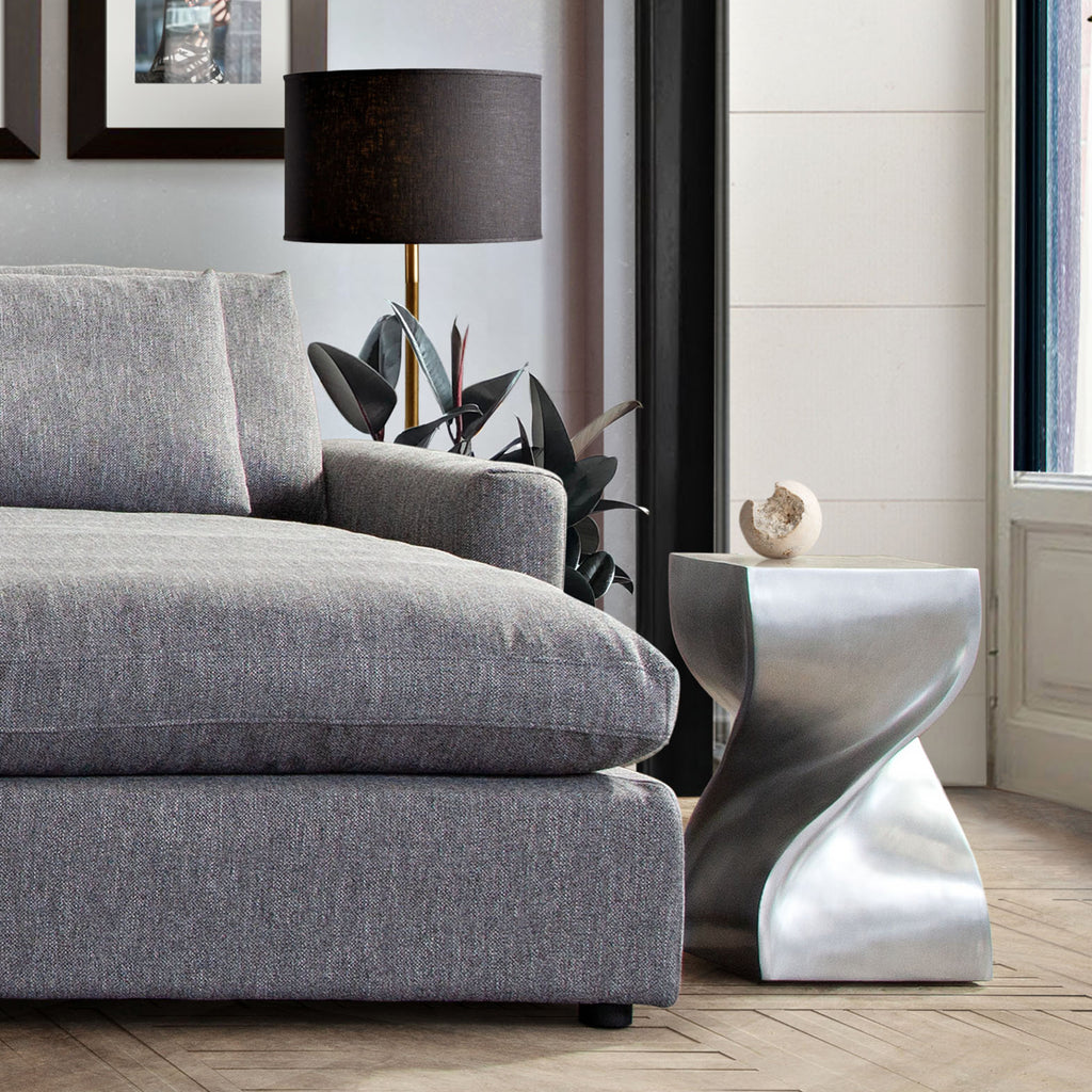 Spire Square Accent Table in Casted Aluminum in Nickel Finish by Diamond Sofa - styled in a staged room by Center Stage Home Design