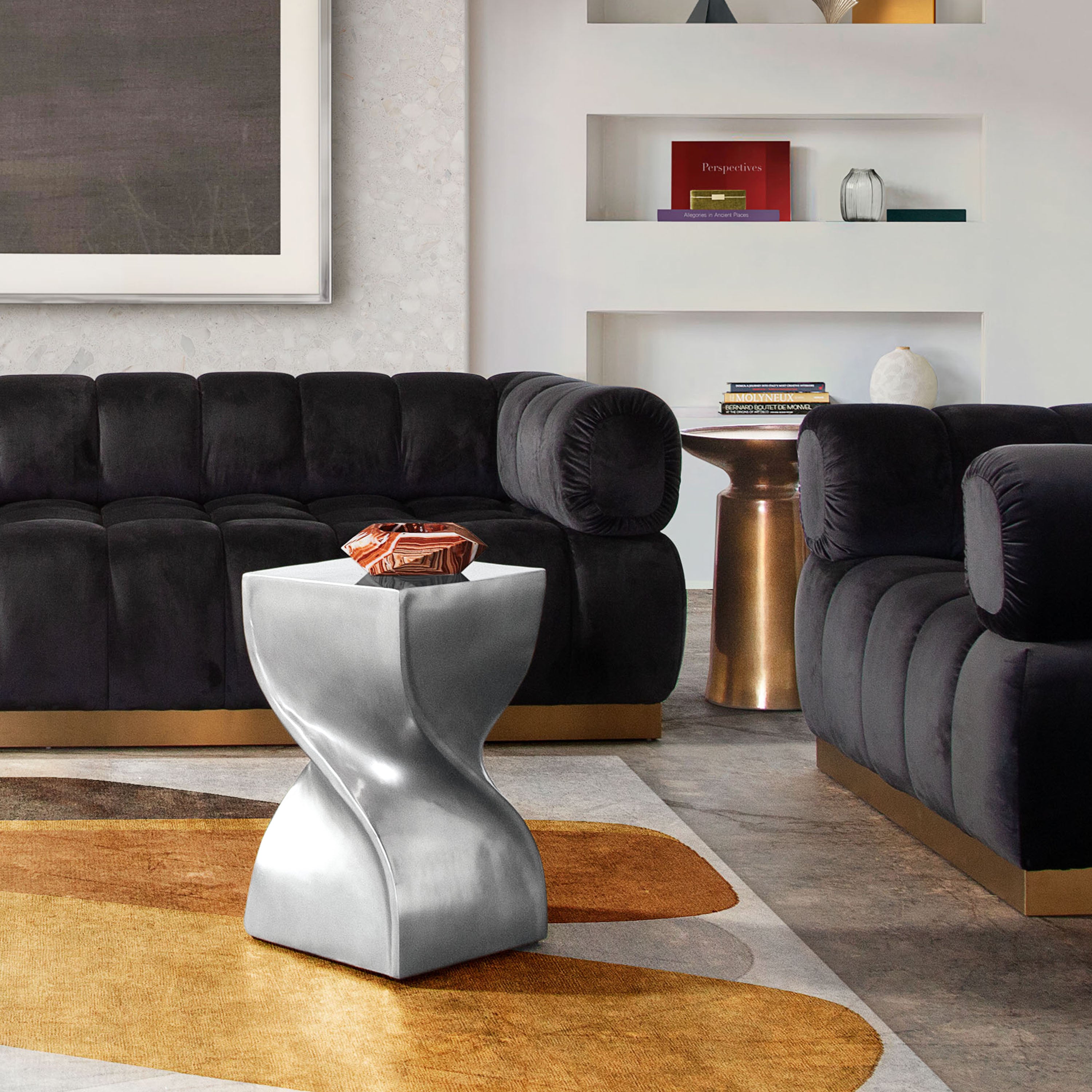 Spire Square Accent Table in Casted Aluminum in Nickel Finish by Diamond Sofa - styled in a staged room by Center Stage Home Design
