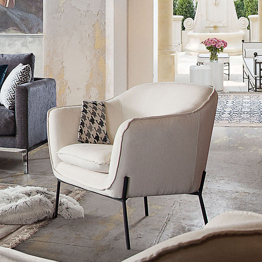 Status Accent Chair in Cream Fabric with Black Powder Coated Metal Leg by Diamond Sofa - styled in a staged room by Center Stage Home Design