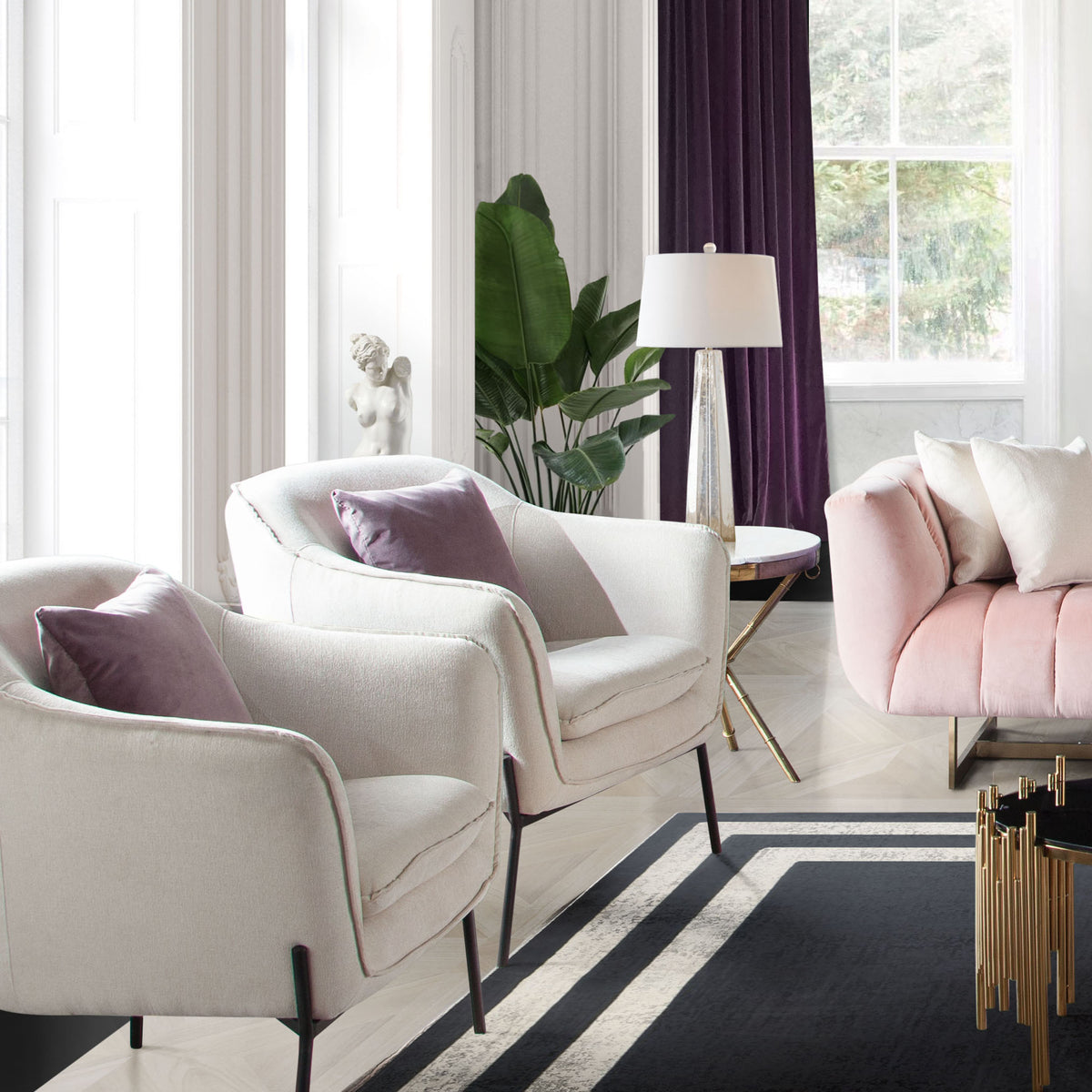 Status Accent Chair in Cream Fabric with Black Powder Coated Metal Leg by Diamond Sofa - styled in a staged room by Center Stage Home Design