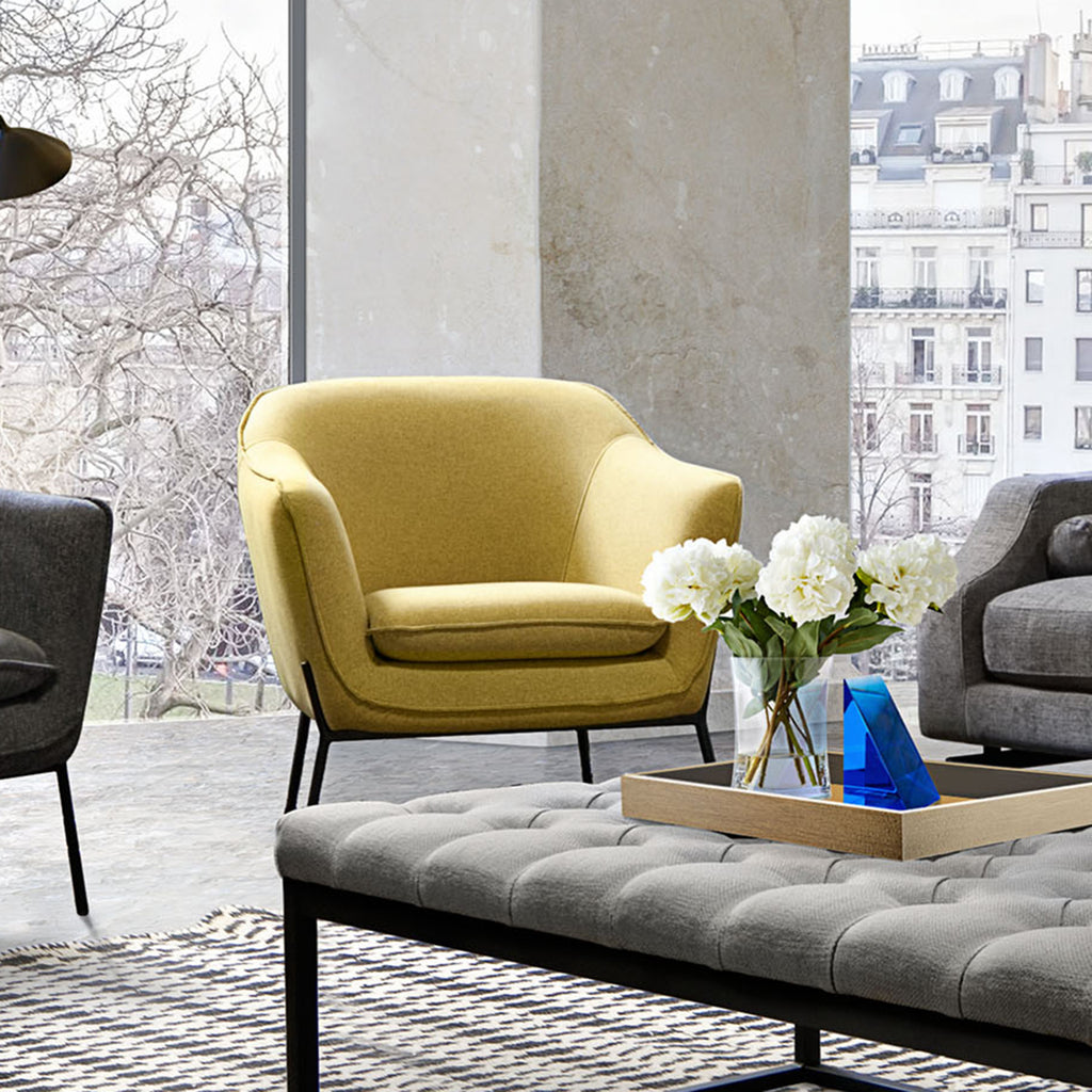 Status Accent Chair in Yellow Fabric with Metal Leg by Diamond Sofa - styled in a staged room by Center Stage Home Design