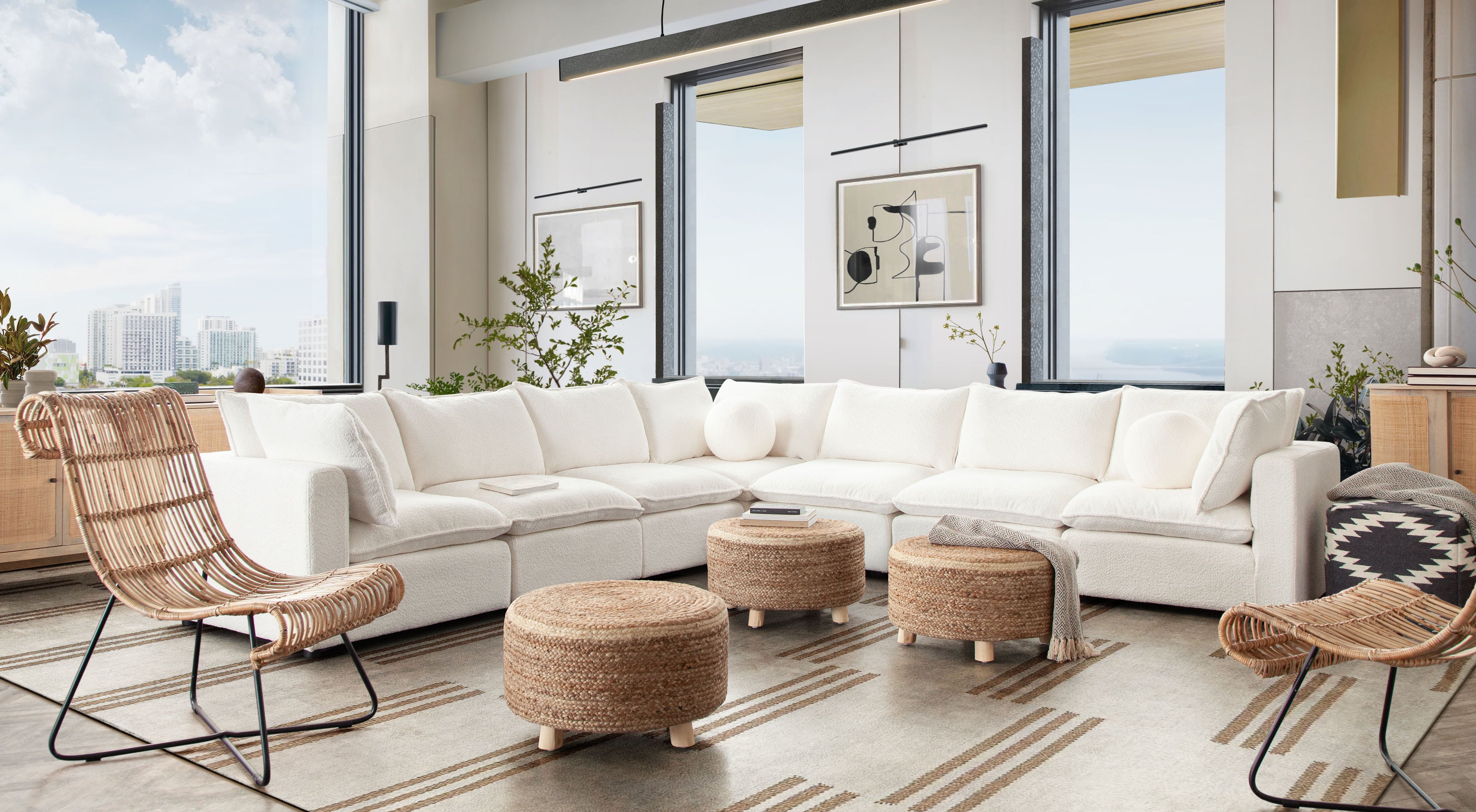 Round Accent Stool in Natural Jute Fiber w/ Wood Legs by Diamond Sofa - styled in a staged room by Center Stage Home Design