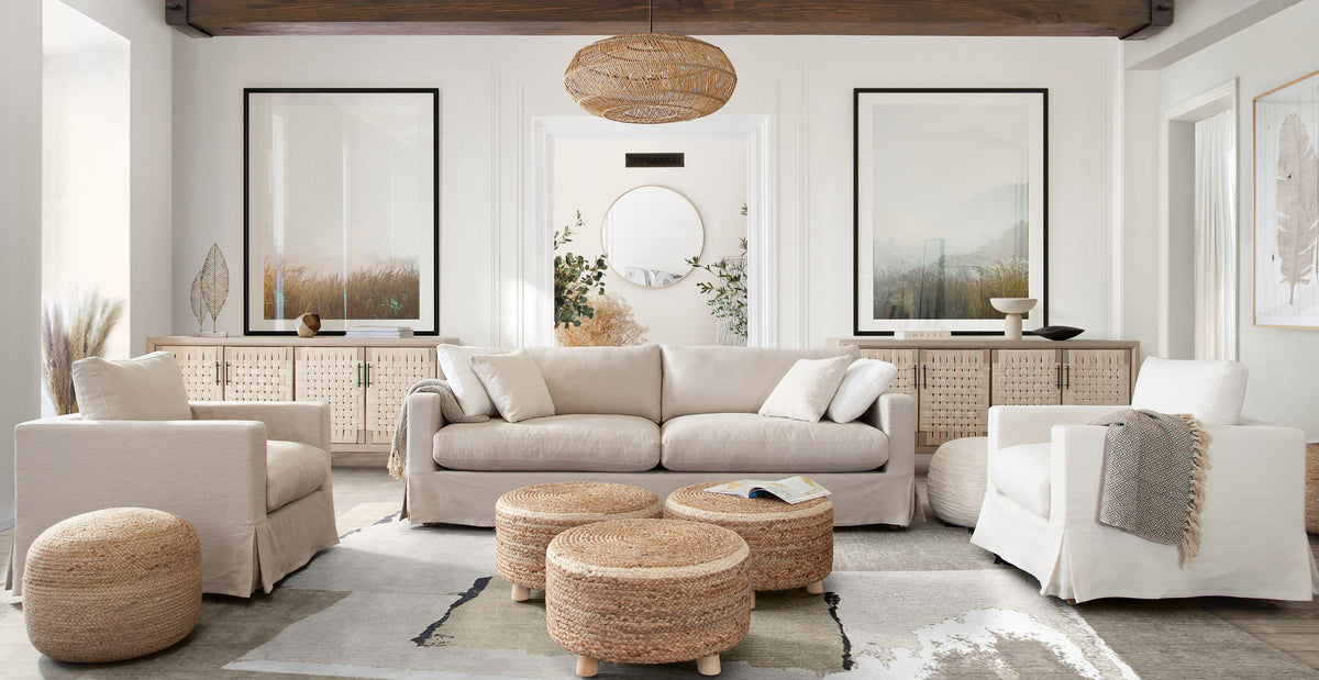 Round Accent Stool in Natural Jute Fiber w/ Wood Legs by Diamond Sofa - styled in a staged room by Center Stage Home Design