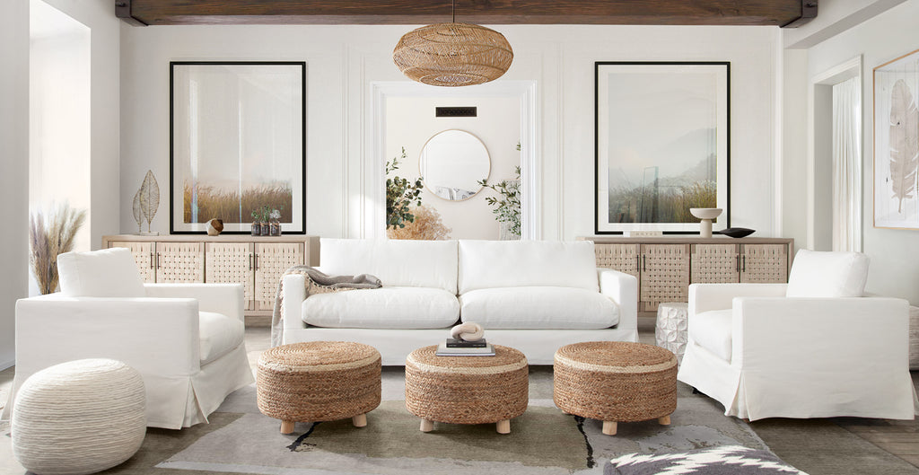 Round Accent Stool in Natural Jute Fiber w/ Wood Legs by Diamond Sofa - styled in a staged room by Center Stage Home Design