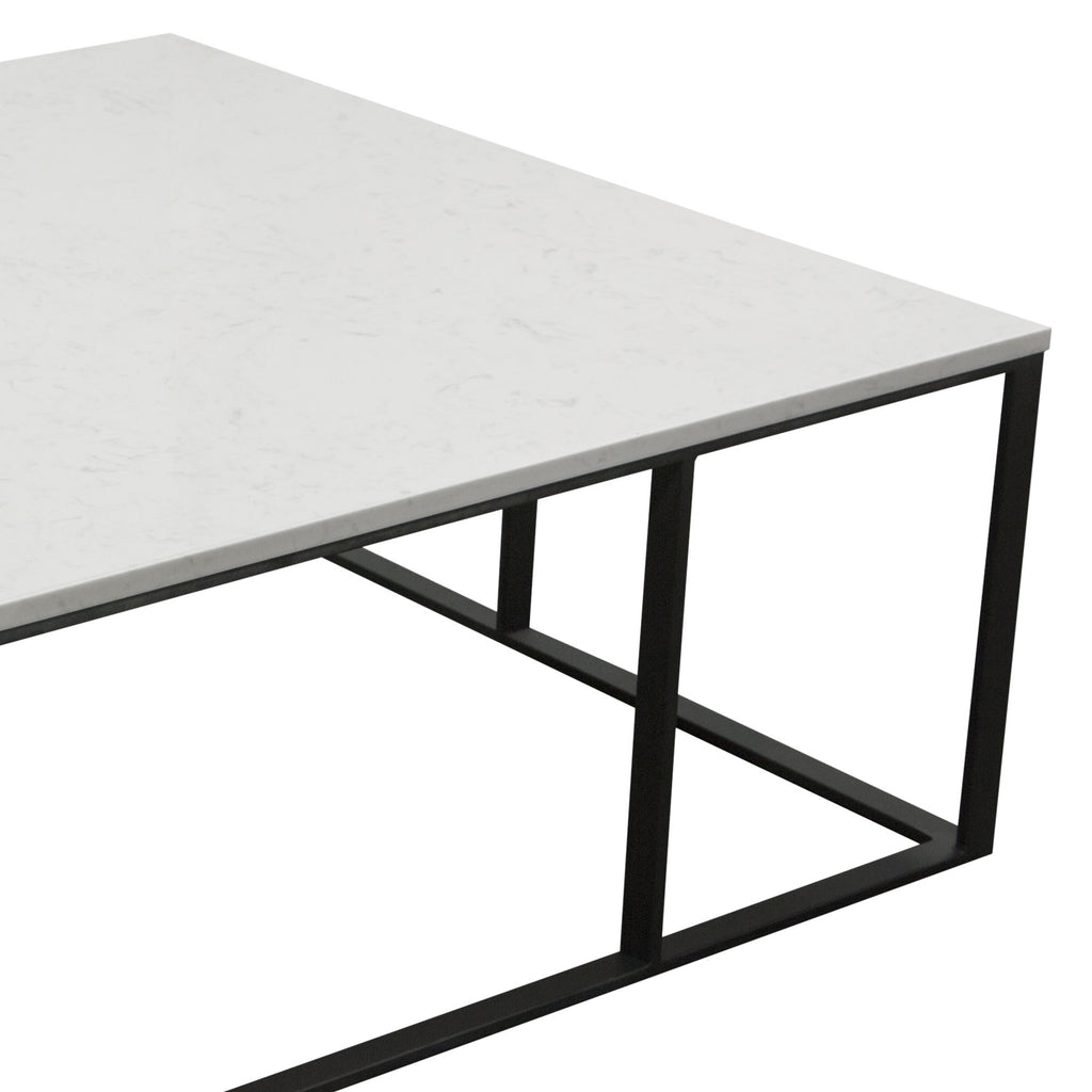 Surface Square Cocktail Table w/ Engineered Marble Top & Black Powder Coated Metal Base by Diamond Sofa - styled in a staged room by Center Stage Home Design