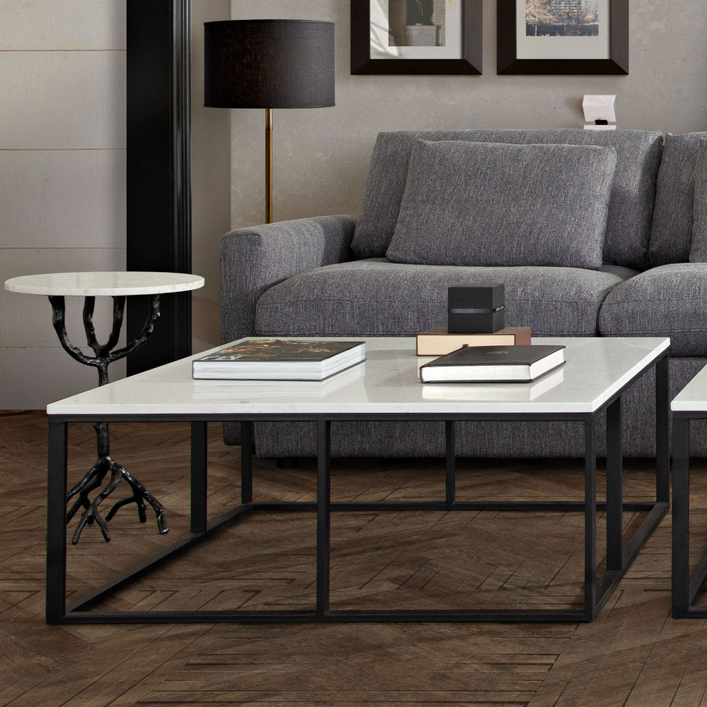 Surface Square Cocktail Table w/ Engineered Marble Top & Black Powder Coated Metal Base by Diamond Sofa - styled in a staged room by Center Stage Home Design