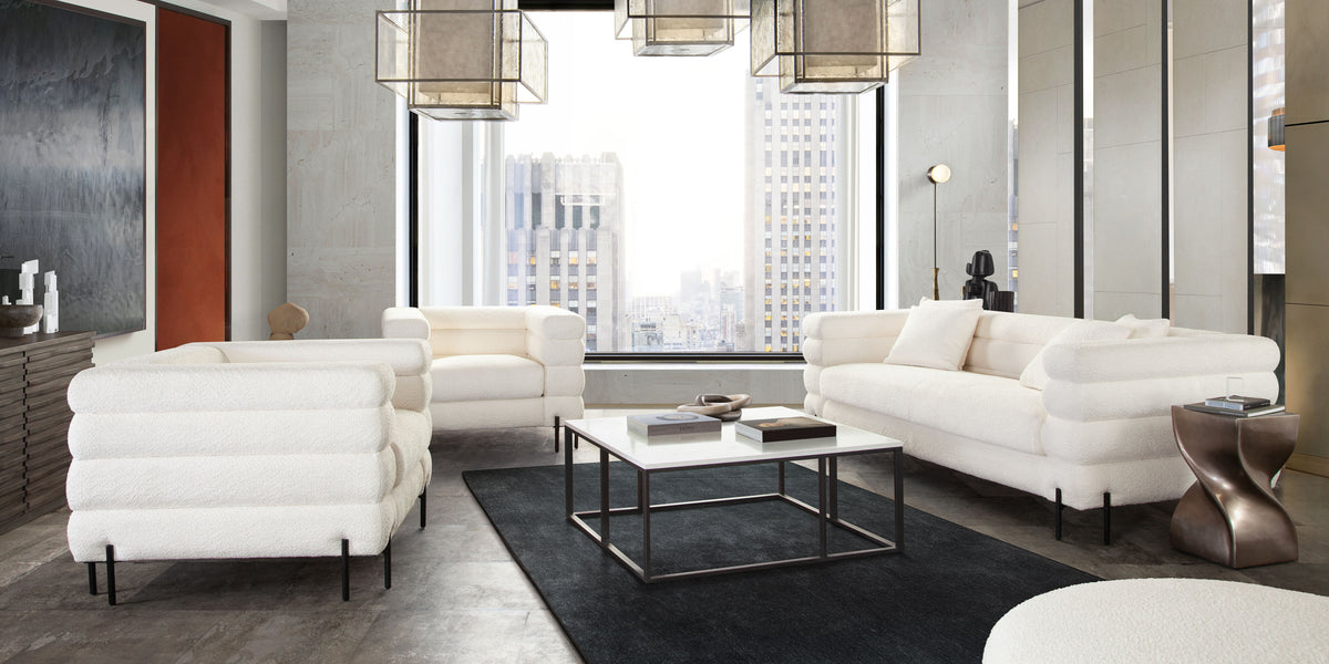 Surface Square Cocktail Table w/ Engineered Marble Top & Black Powder Coated Metal Base by Diamond Sofa - styled in a staged room by Center Stage Home Design