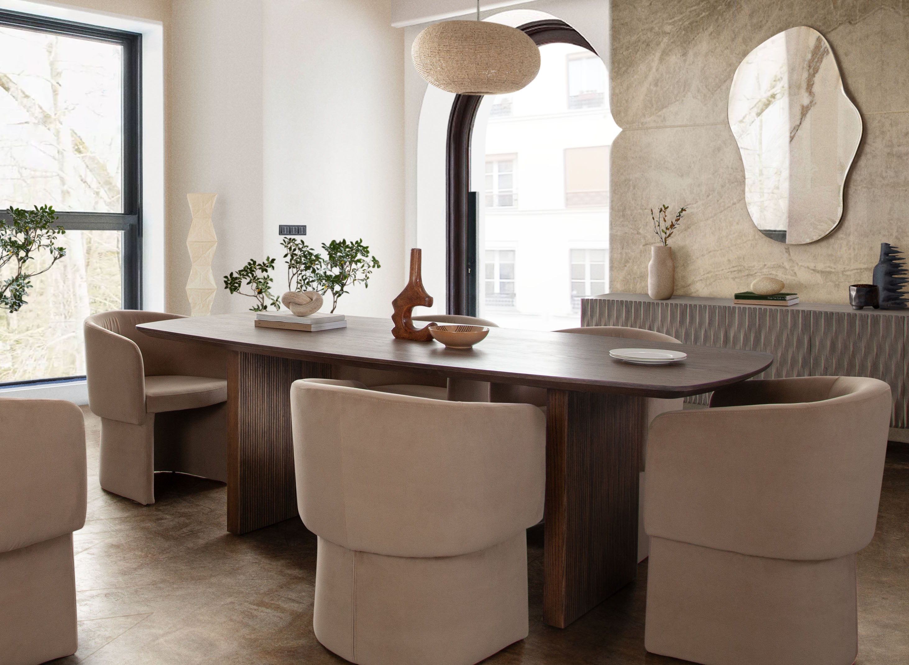 Tess Dining Chair in Camel Performance Velvet by Diamond Sofa - styled in a staged room by Center Stage Home Design