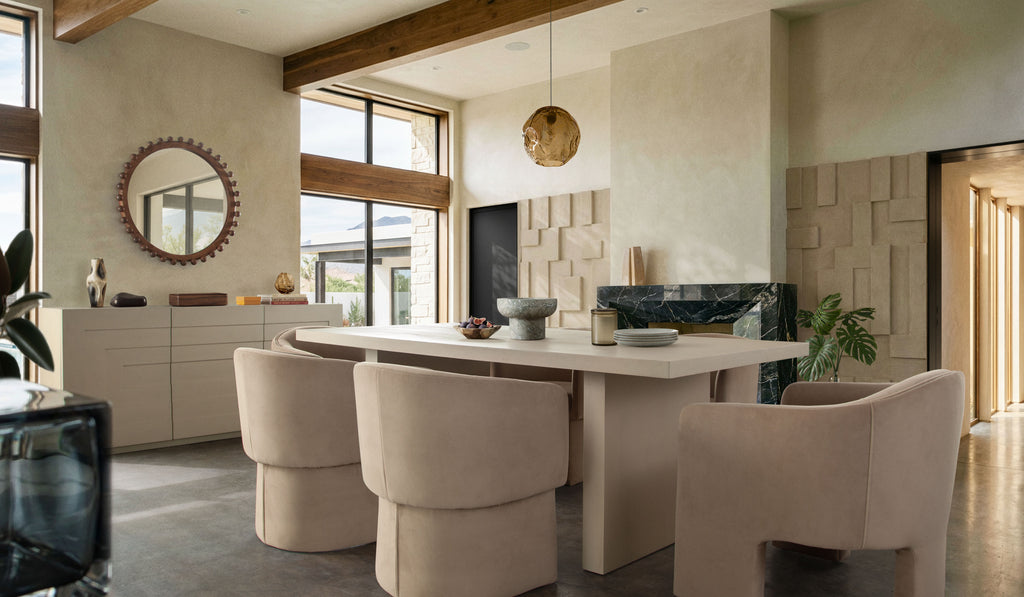 Tess Dining Chair in Camel Performance Velvet by Diamond Sofa - styled in a staged room by Center Stage Home Design
