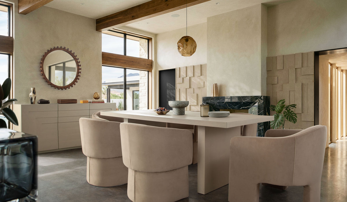 Tess Dining Chair in Camel Performance Velvet by Diamond Sofa - styled in a staged room by Center Stage Home Design
