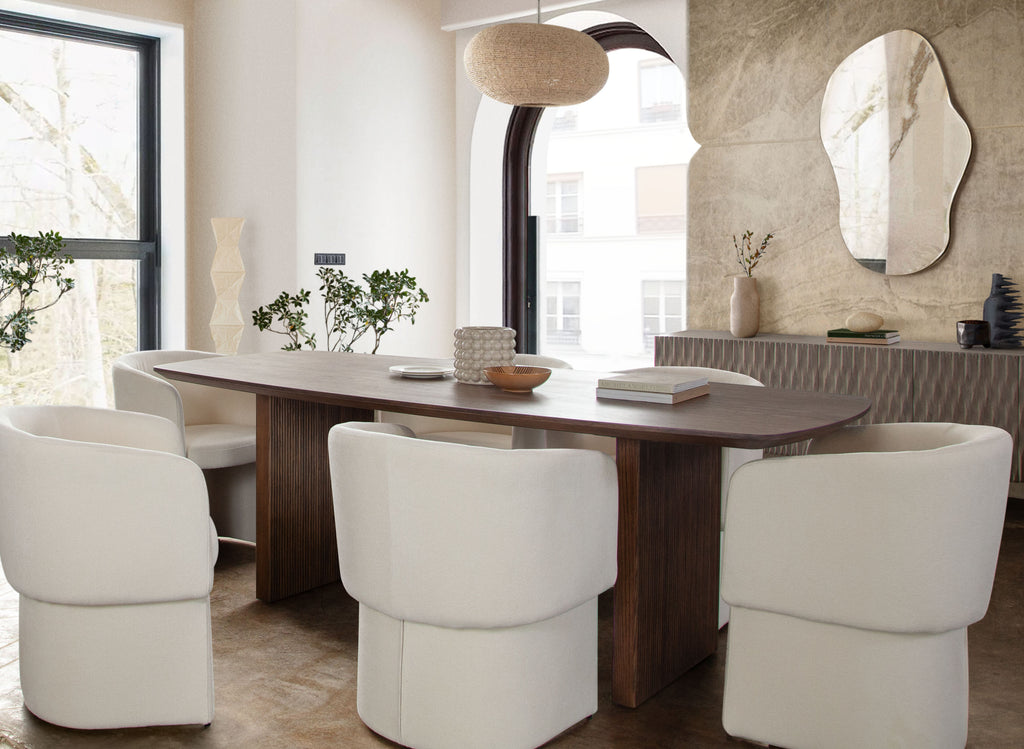 Tess Dining Chair in Elite Ivory Polyester Fabric by Diamond Sofa - styled in a staged room by Center Stage Home Design