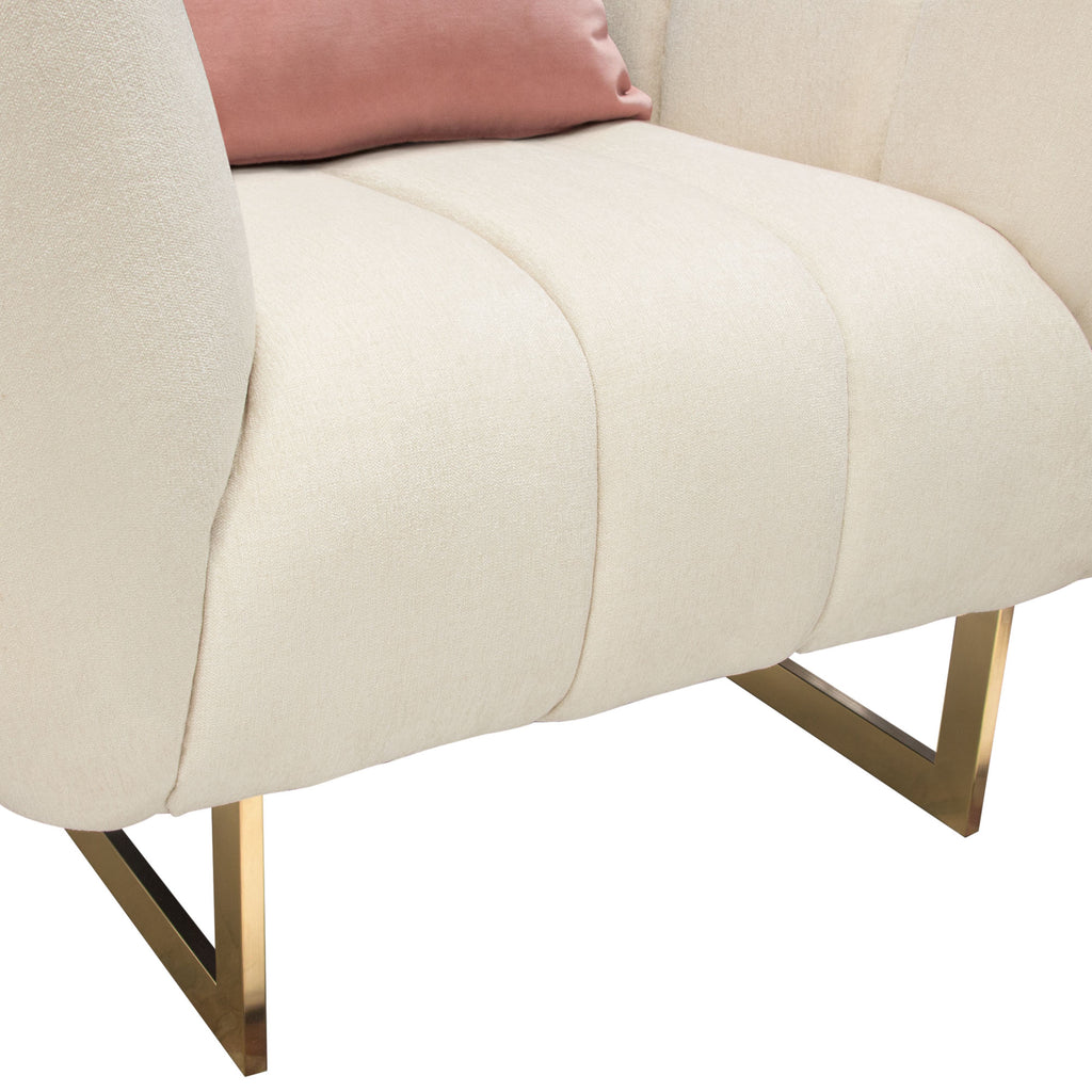 Venus Cream Fabric Chair w/ Contrasting Pillows & Gold Finished Metal Base by Diamond Sofa - styled in a staged room by Center Stage Home Design