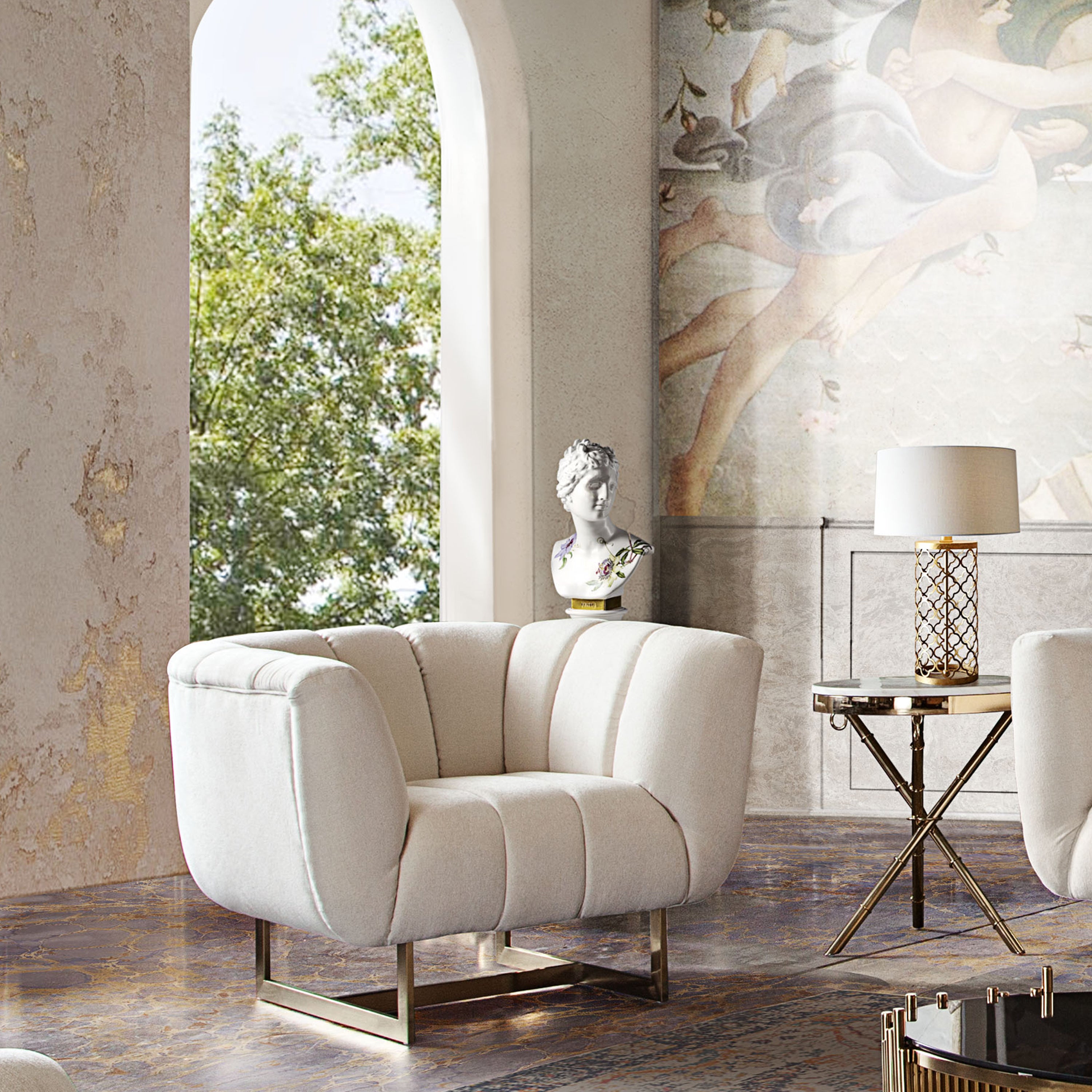 Venus Cream Fabric Chair w/ Contrasting Pillows & Gold Finished Metal Base by Diamond Sofa - styled in a staged room by Center Stage Home Design