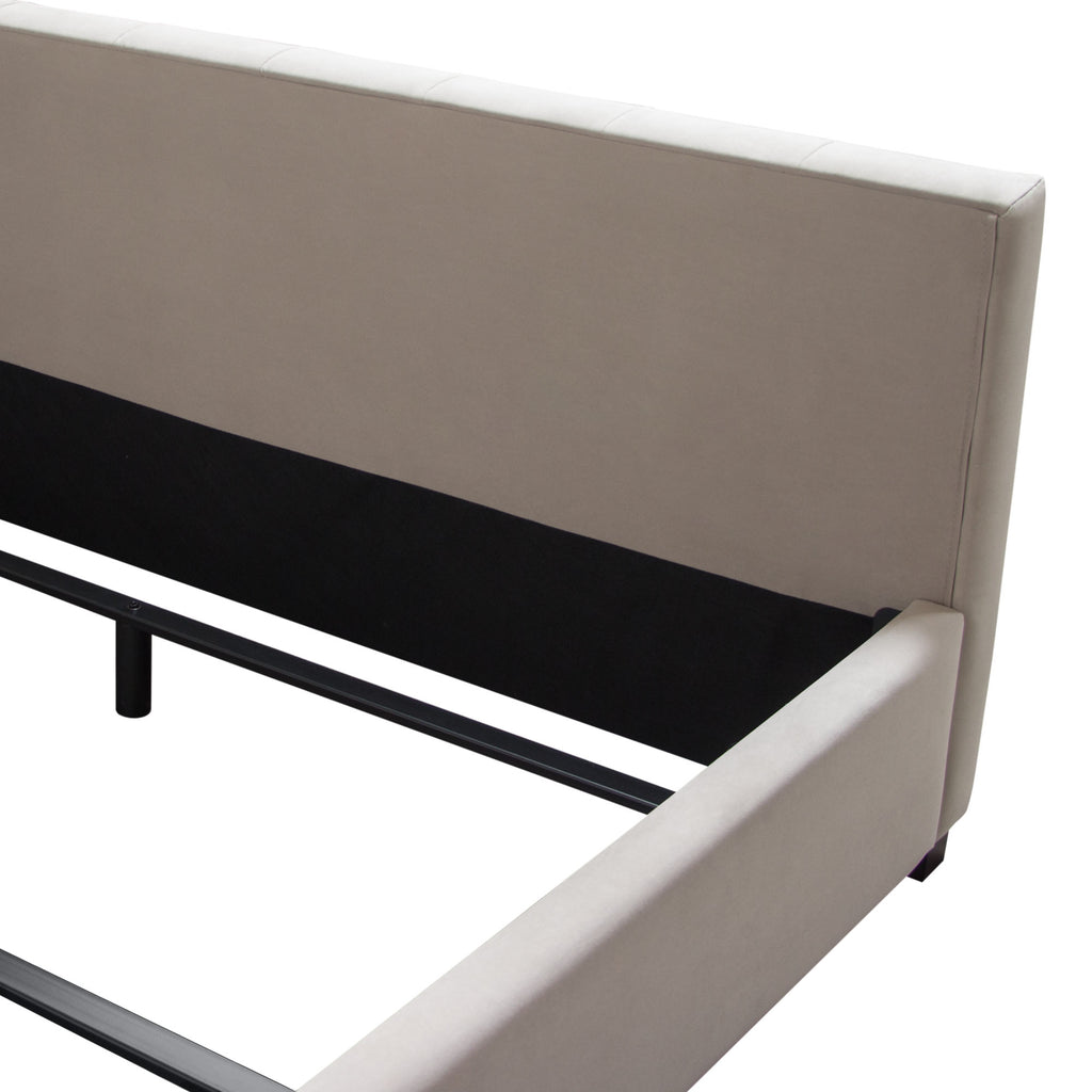 Venus Vertical Channel Tufted Eastern King Bed in Light Grey Velvet by Diamond Sofa - styled in a staged room by Center Stage Home Design