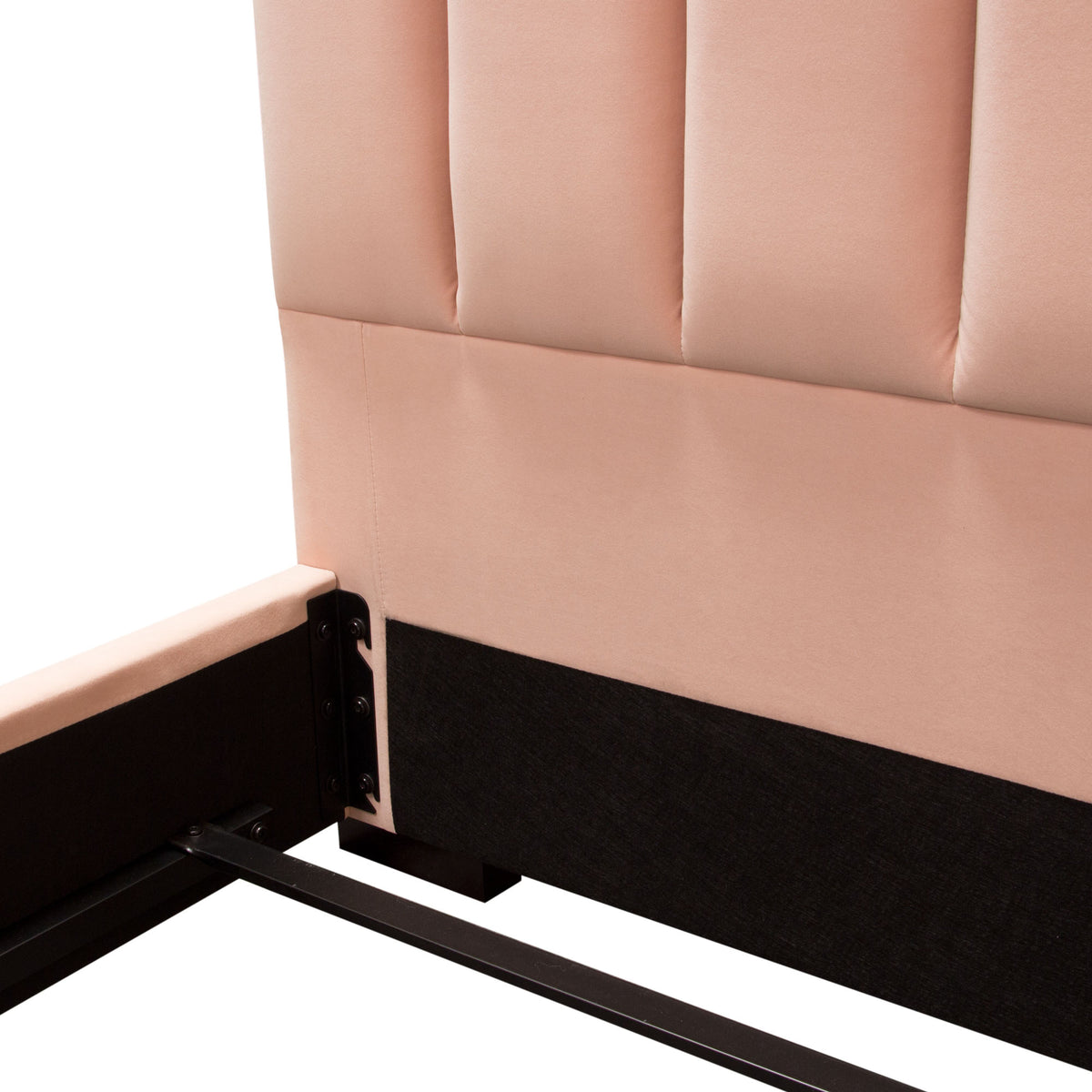 Venus Vertical Channel Tufted Eastern King Bed in Blush Pink Velvet by Diamond Sofa - styled in a staged room by Center Stage Home Design
