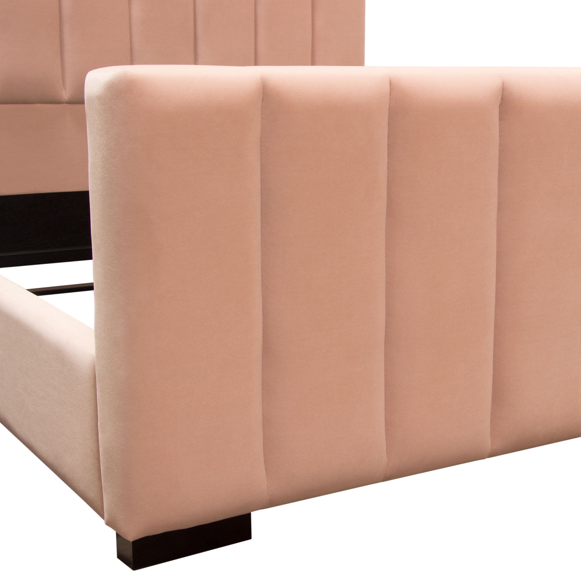 Venus Vertical Channel Tufted Eastern King Bed in Blush Pink Velvet by Diamond Sofa - styled in a staged room by Center Stage Home Design