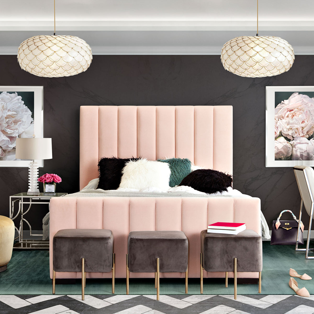 Venus Vertical Channel Tufted Eastern King Bed in Blush Pink Velvet by Diamond Sofa - styled in a staged room by Center Stage Home Design