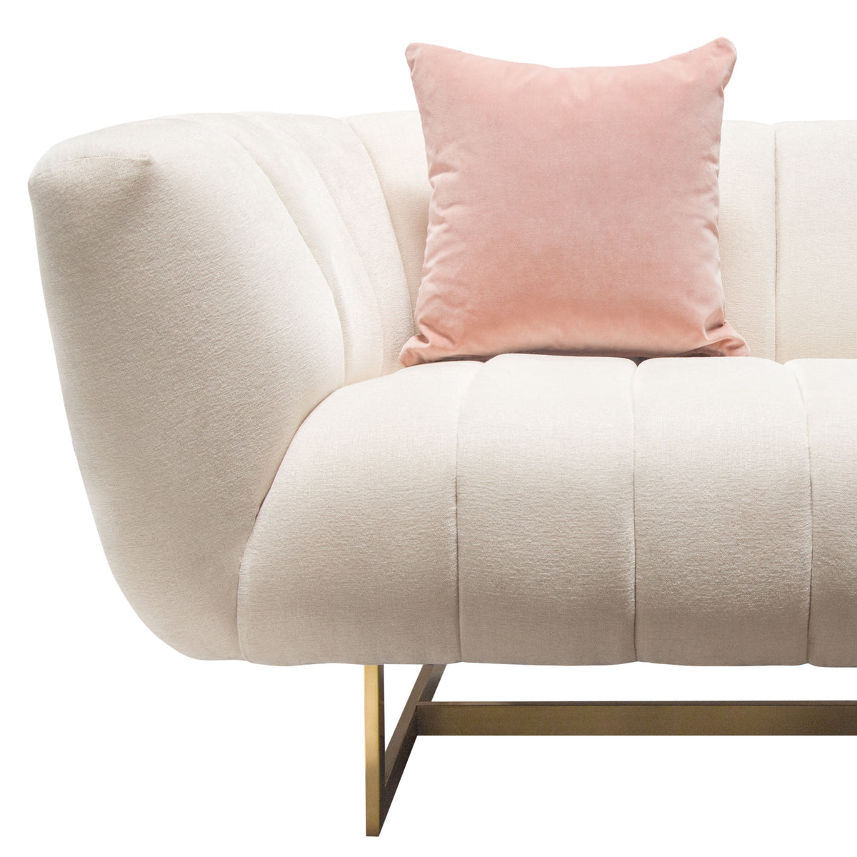 Venus Cream Fabric Sofa w/ Contrasting Pillows & Gold Finished Metal Base by Diamond Sofa - styled in a staged room by Center Stage Home Design