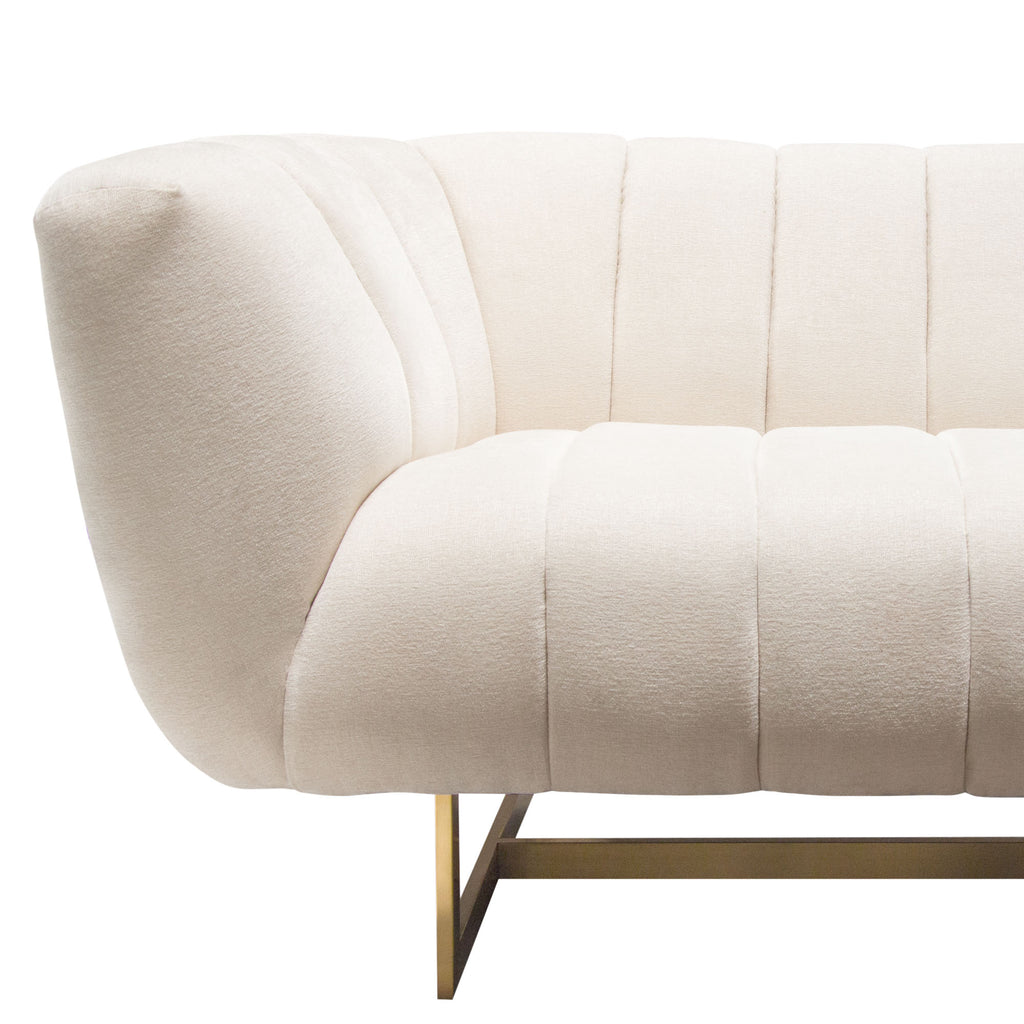 Venus Cream Fabric Sofa w/ Contrasting Pillows & Gold Finished Metal Base by Diamond Sofa - styled in a staged room by Center Stage Home Design