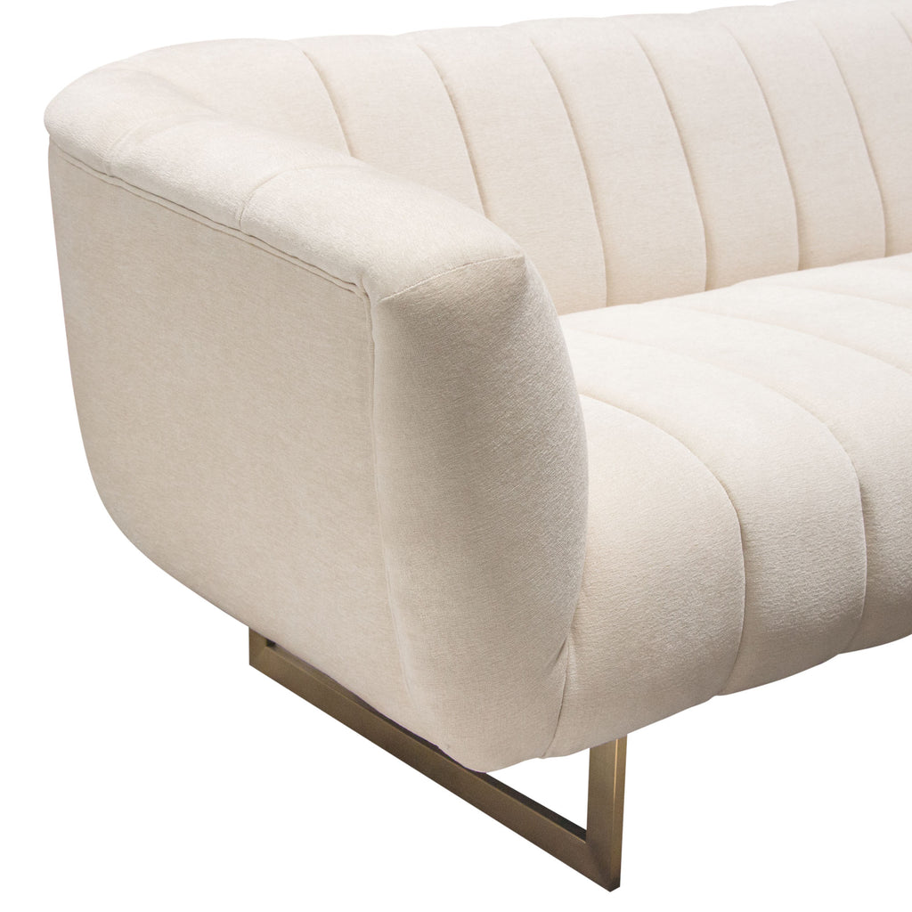 Venus Cream Fabric Sofa w/ Contrasting Pillows & Gold Finished Metal Base by Diamond Sofa - styled in a staged room by Center Stage Home Design
