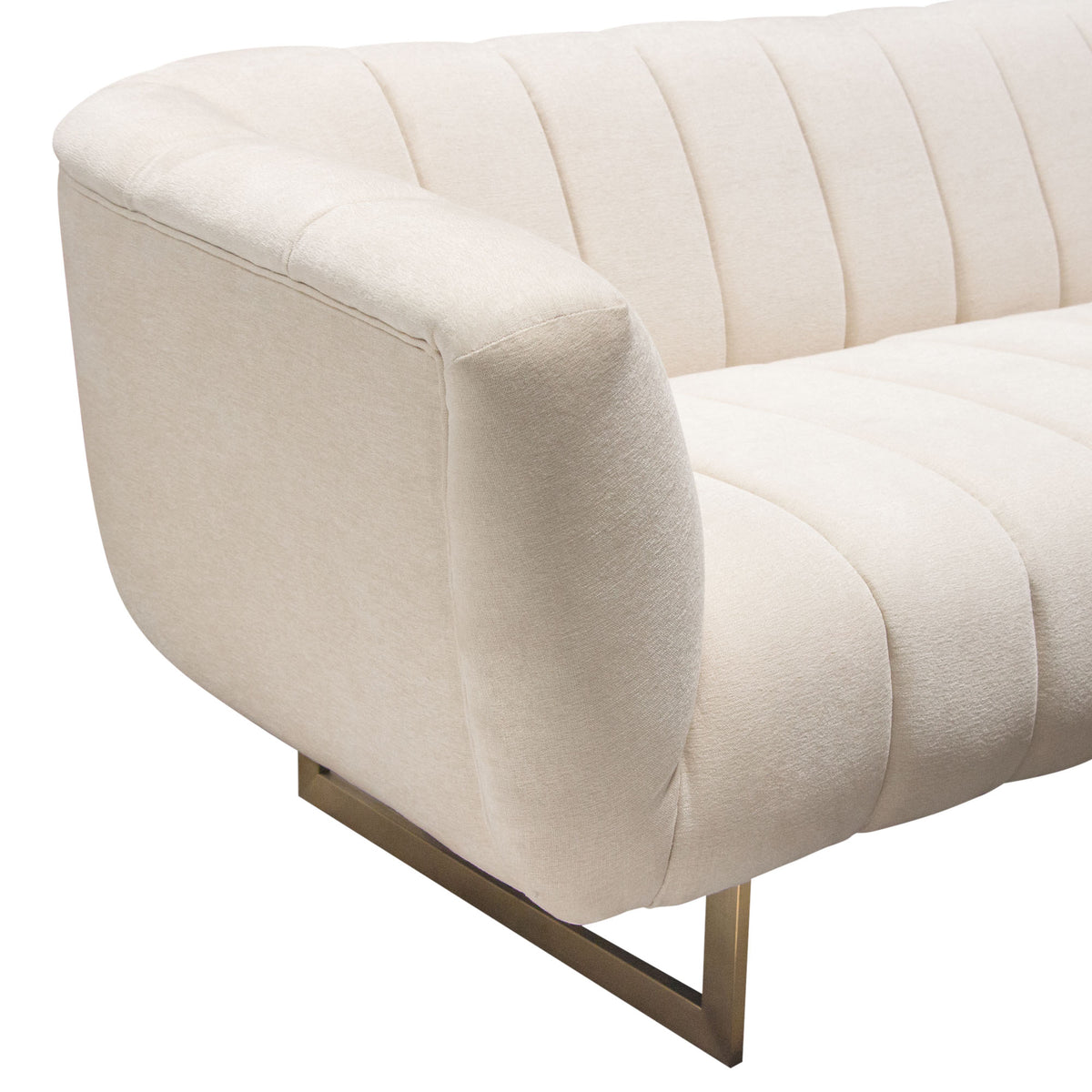 Venus Cream Fabric Sofa w/ Contrasting Pillows & Gold Finished Metal Base by Diamond Sofa - styled in a staged room by Center Stage Home Design