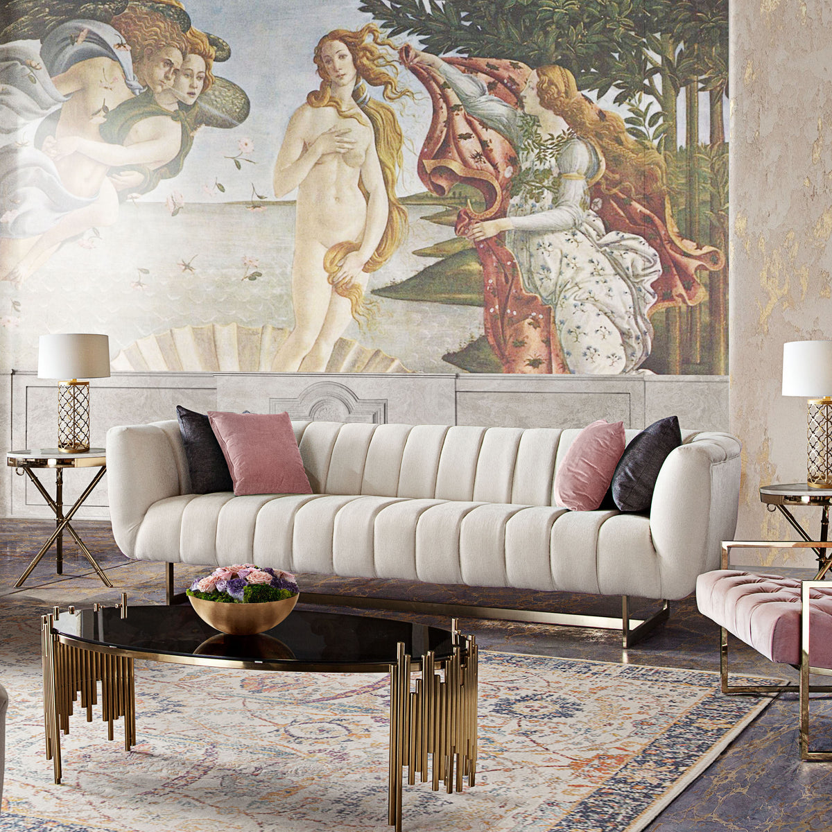 Venus Cream Fabric Sofa w/ Contrasting Pillows & Gold Finished Metal Base by Diamond Sofa - styled in a staged room by Center Stage Home Design