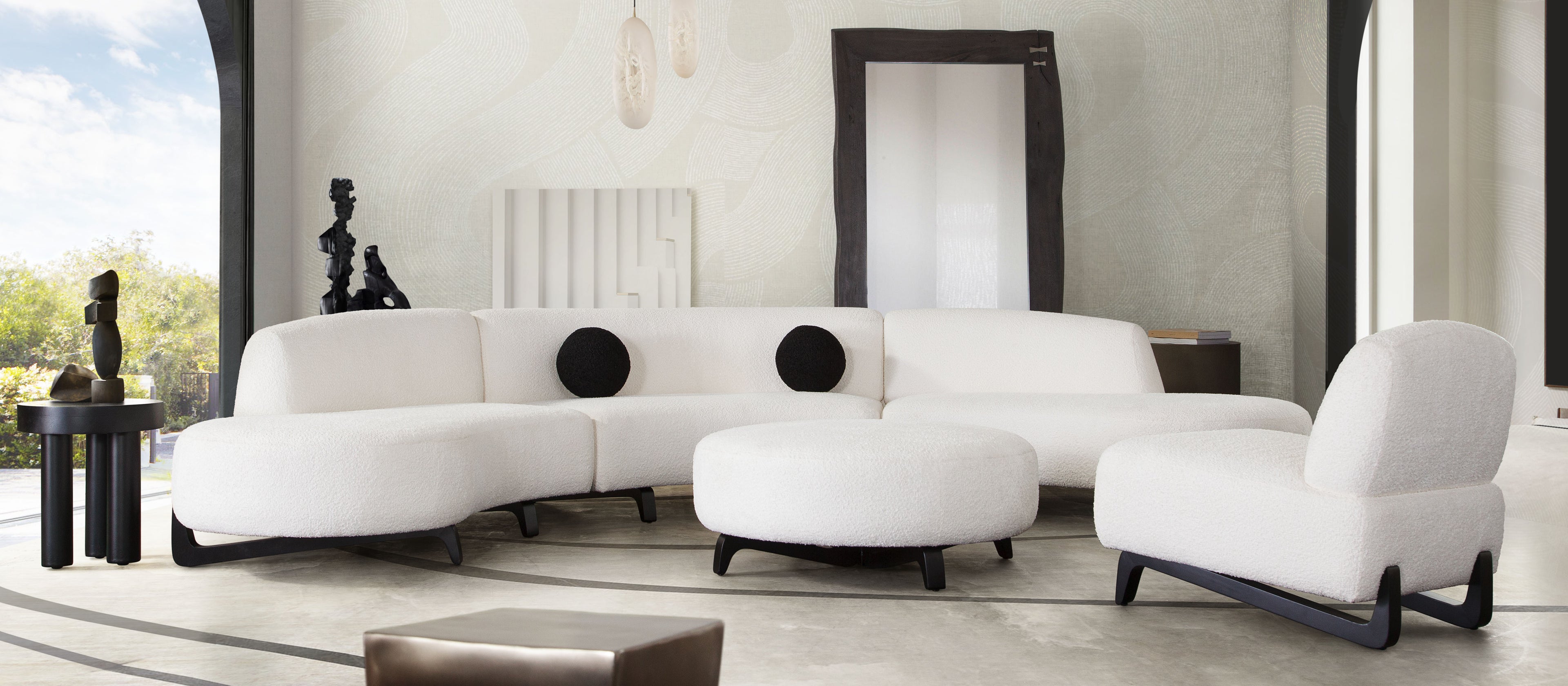 Vesper 3PC Modular Curved Armless Sofa & (2) Chaise in Faux White Shearling w/ Black Wood Leg Base by Diamond Sofa - styled in a staged room by Center Stage Home Design