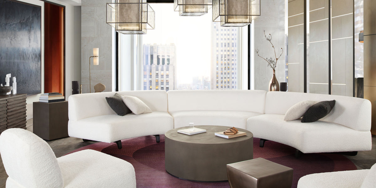 Vesper 3PC Modular Curved Armless Sofa in Faux White Shearling w/ Black Wood Leg Base by Diamond Sofa - styled in a staged room by Center Stage Home Design