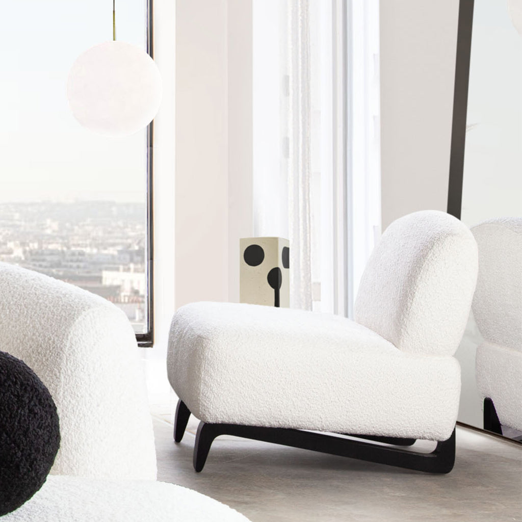 Vesper Armless Chair in Faux White Shearling w/ Black Wood Leg Base by Diamond Sofa - styled in a staged room by Center Stage Home Design
