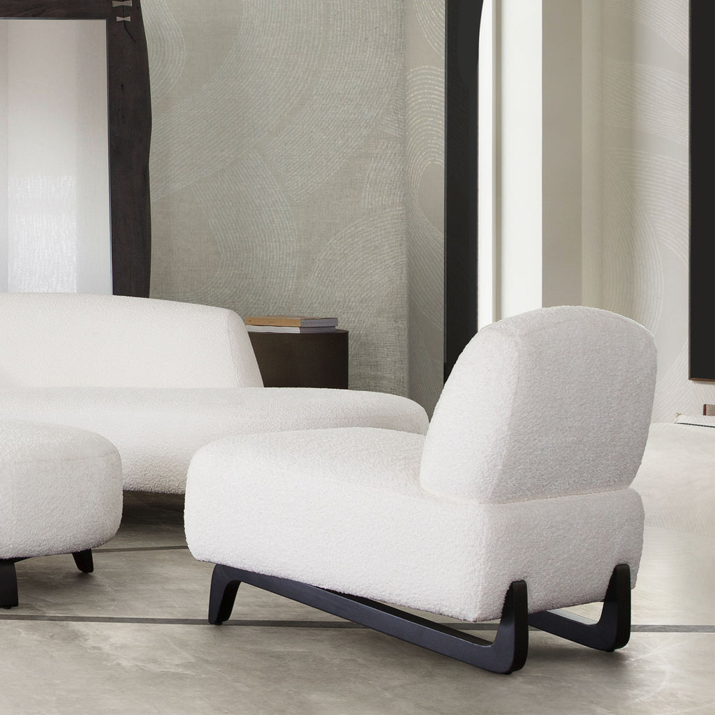 Vesper Armless Chair in Faux White Shearling w/ Black Wood Leg Base by Diamond Sofa - styled in a staged room by Center Stage Home Design