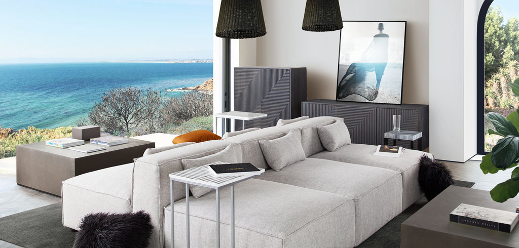 Vice 4PC Modular Sectional in Barley Fabric with Ottoman by Diamond Sofa - styled in a staged room by Center Stage Home Design
