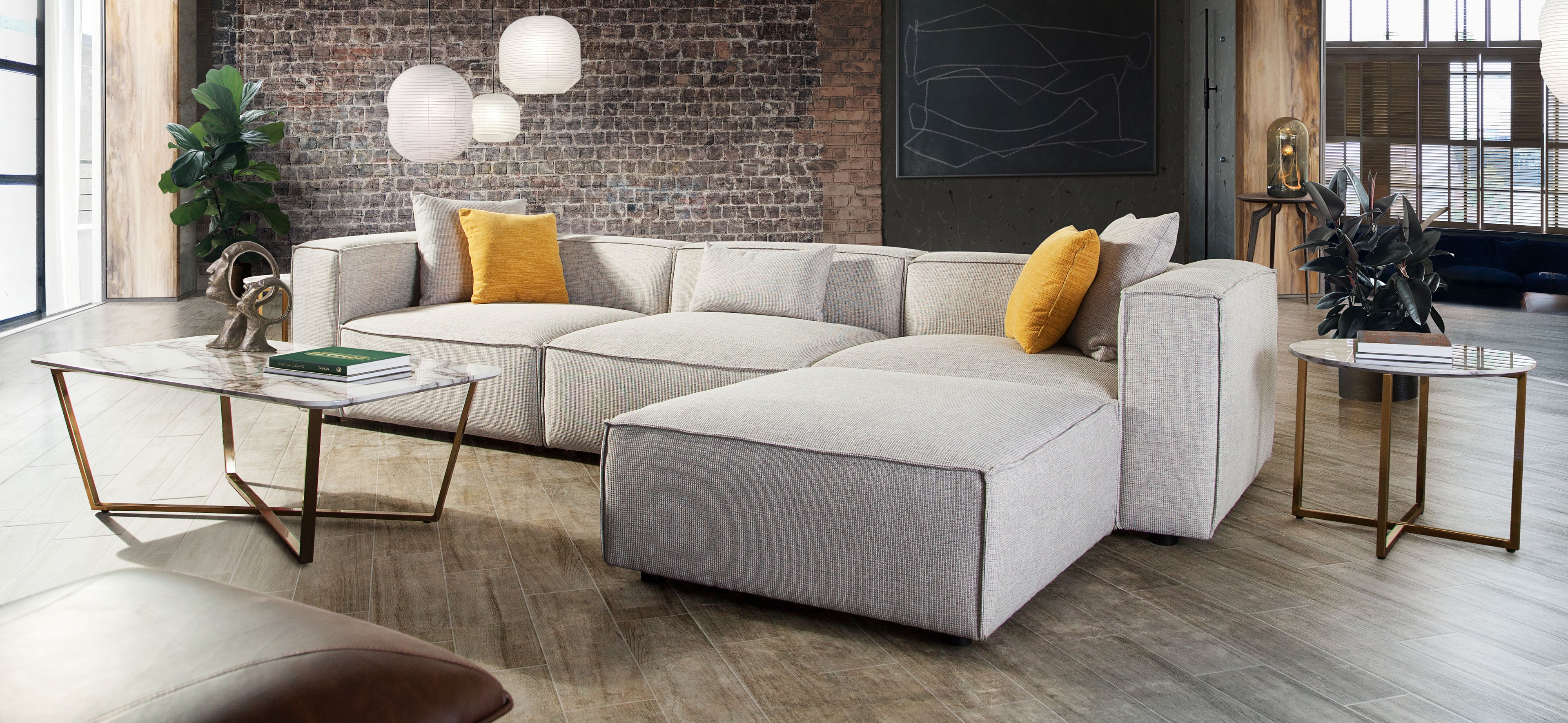 Vice 4PC Modular Sectional in Barley Fabric with Ottoman by Diamond Sofa - styled in a staged room by Center Stage Home Design