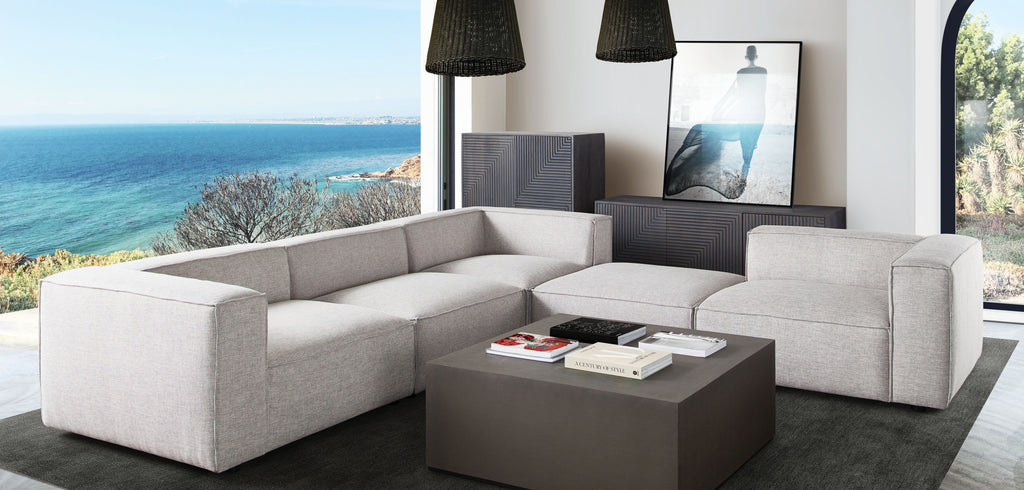 Vice 4PC Modular Sectional in Barley Fabric with Ottoman by Diamond Sofa - styled in a staged room by Center Stage Home Design