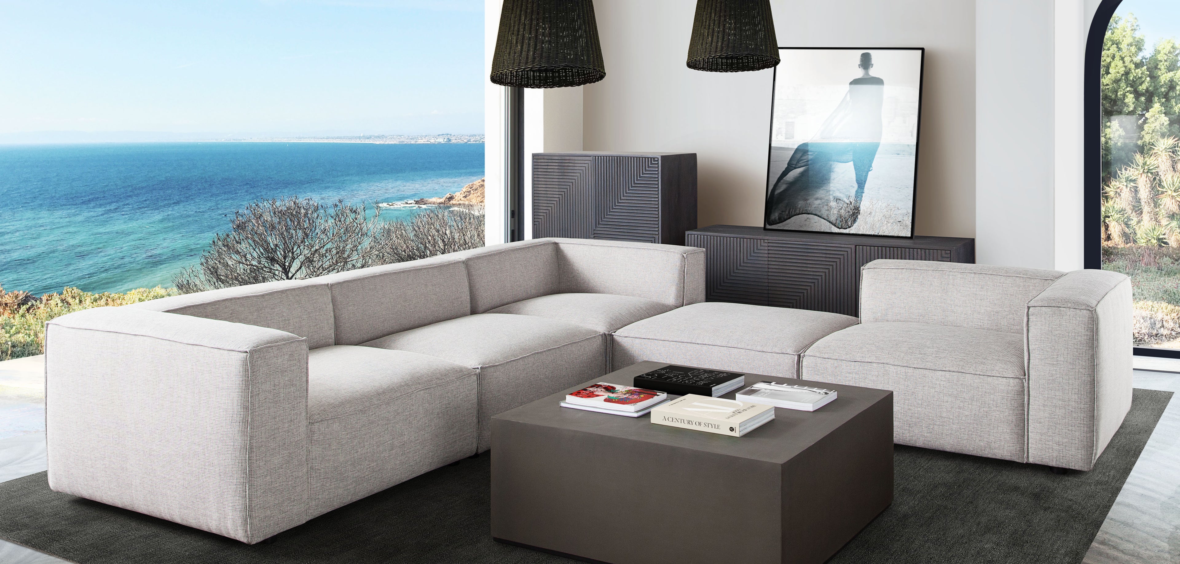 Vice 4PC Modular Sectional in Barley Fabric with Ottoman by Diamond Sofa - styled in a staged room by Center Stage Home Design