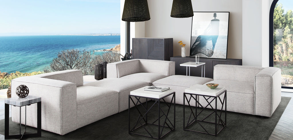 Vice 4PC Modular Sectional in Barley Fabric with Ottoman by Diamond Sofa - styled in a staged room by Center Stage Home Design