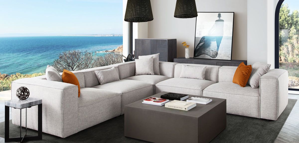 Vice 4PC Modular Sectional in Barley Fabric with Ottoman by Diamond Sofa - styled in a staged room by Center Stage Home Design