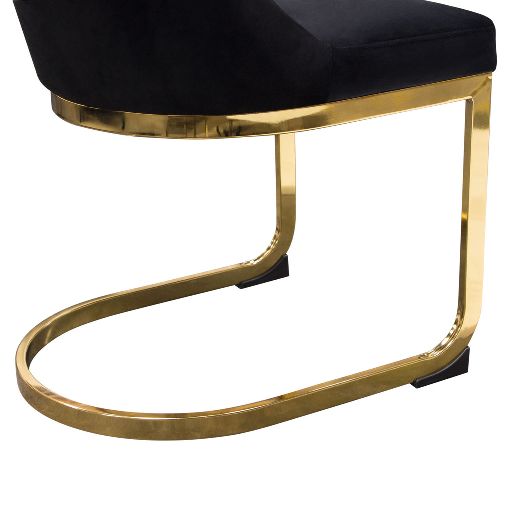 Vogue Set of (2) Dining Chairs in Black Velvet with Polished Gold Metal Base by Diamond Sofa - styled in a staged room by Center Stage Home Design