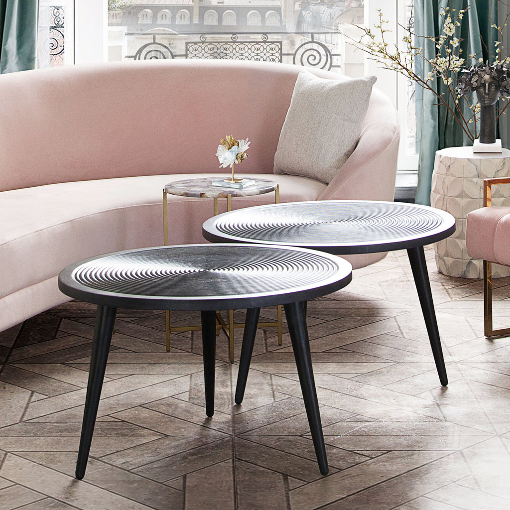 Vortex Round Cocktail Table in Solid Mango Wood Top in Black Finish & Iron Legs by Diamond Sofa - styled in a staged room by Center Stage Home Design